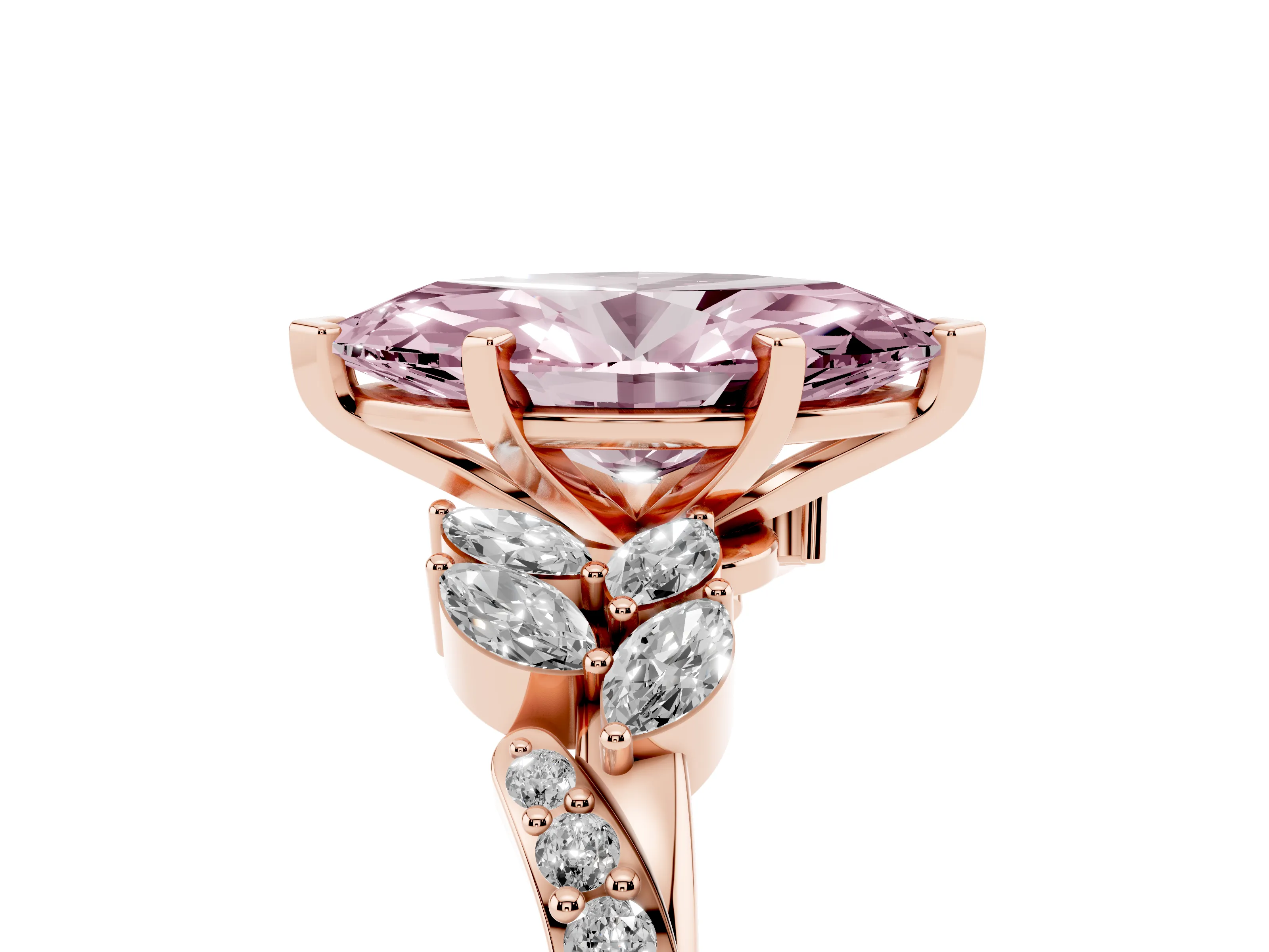 Fancy Pink Marquise Cut Diamond Solitaire Ring Set in Rose gold with Marquise Twist Band and Prong Setting