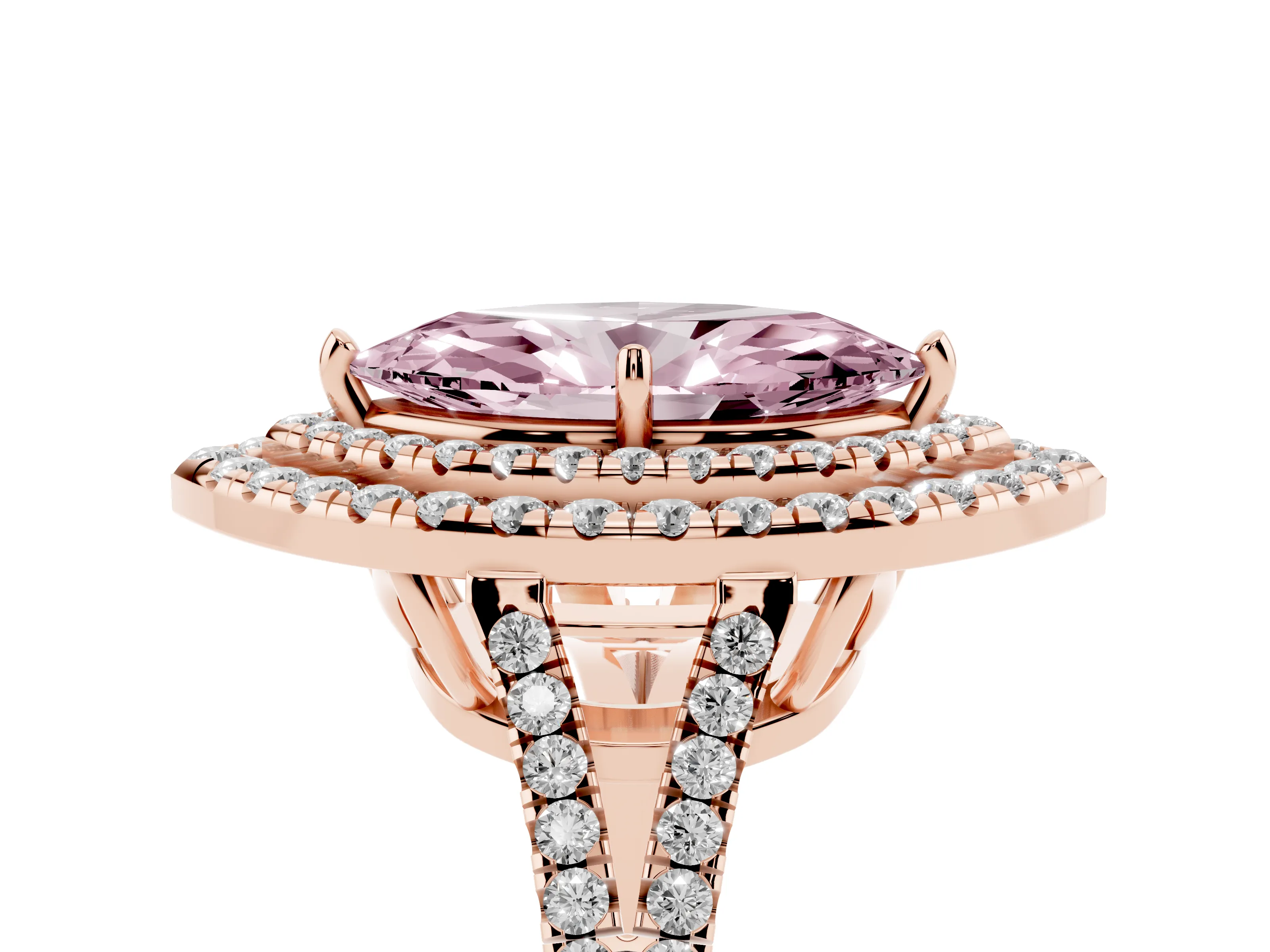 Fancy Pink Marquise Cut Diamond Double Halo Ring Set in Rose gold with Pavé Band