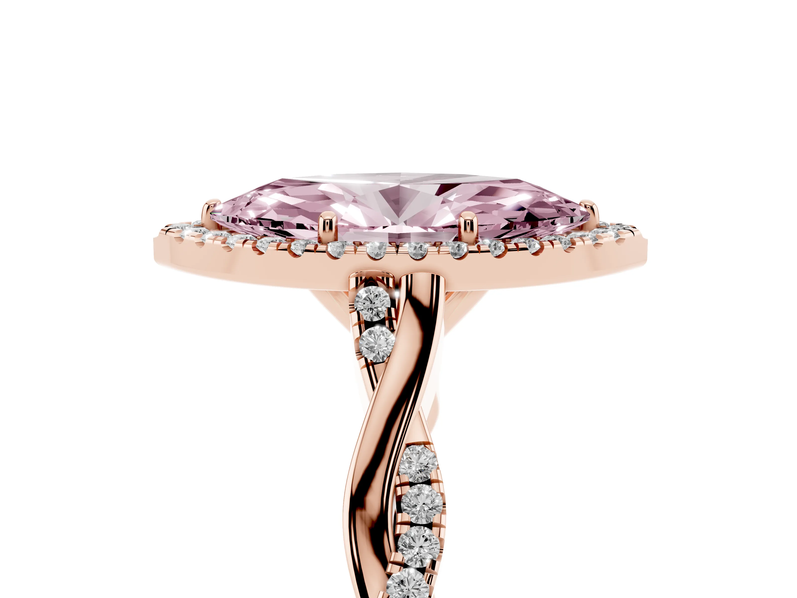 Fancy Pink Marquise Cut Diamond Halo Twist Band Solitaire Ring Set in Rose gold with Prong Setting