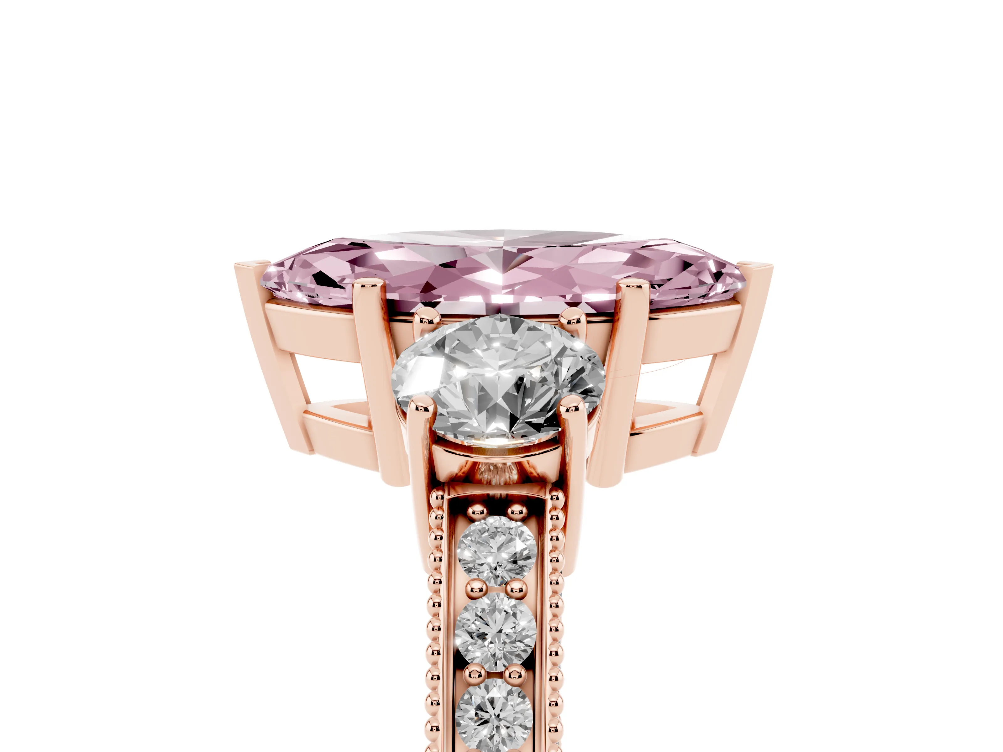 Fancy Pink Marquise Cut Diamond Three-Stone Ring Set in Rose gold with Round Side Stones and Pavé Band