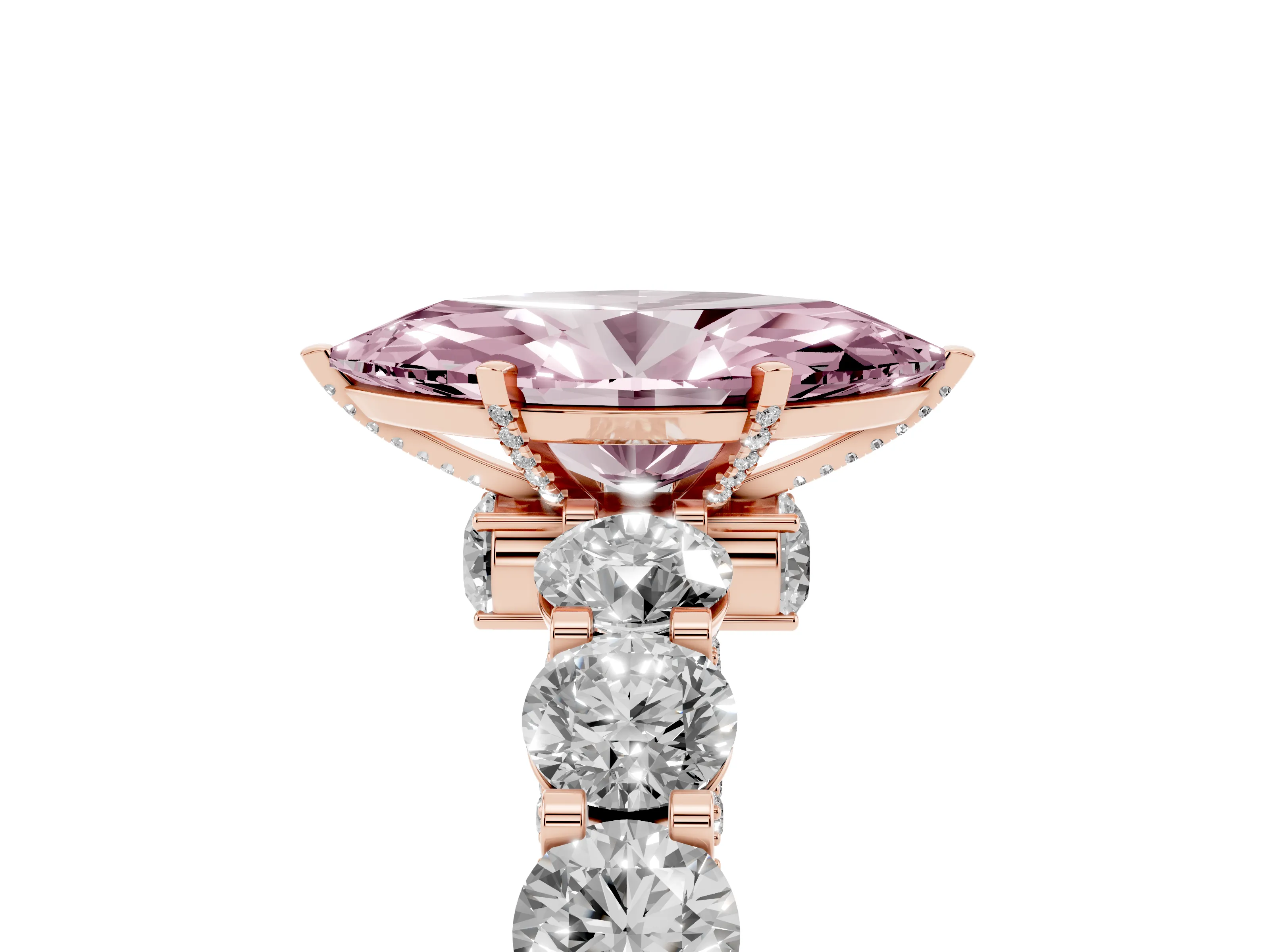 Fancy Pink Marquise Cut Diamond Side Stone Ring Set in Rose gold with Alternating Round and Oval Side Stones