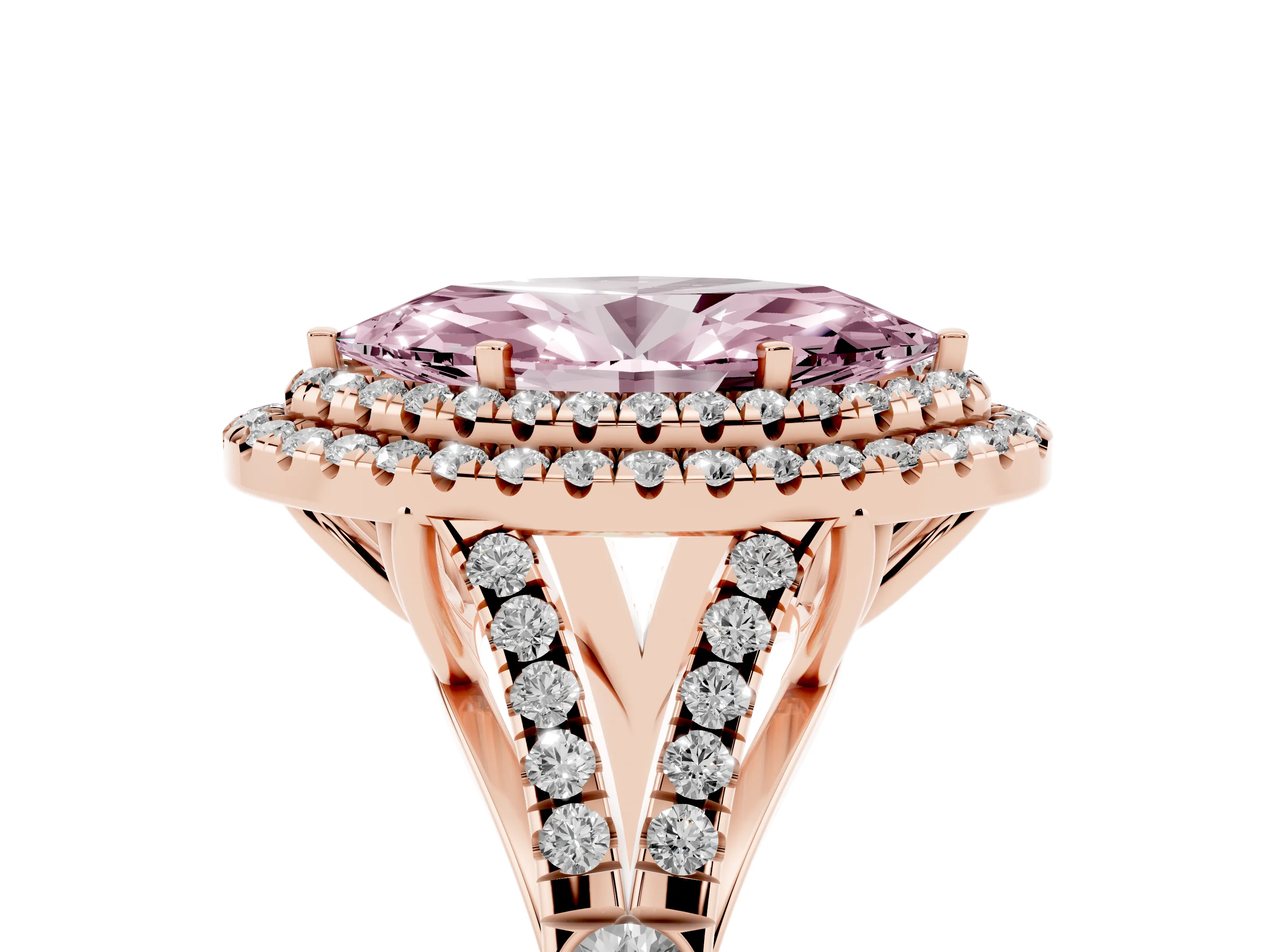 Fancy Pink Marquise Cut Diamond Pavé Split Shank Double Halo Engagement Ring Set in Rose gold