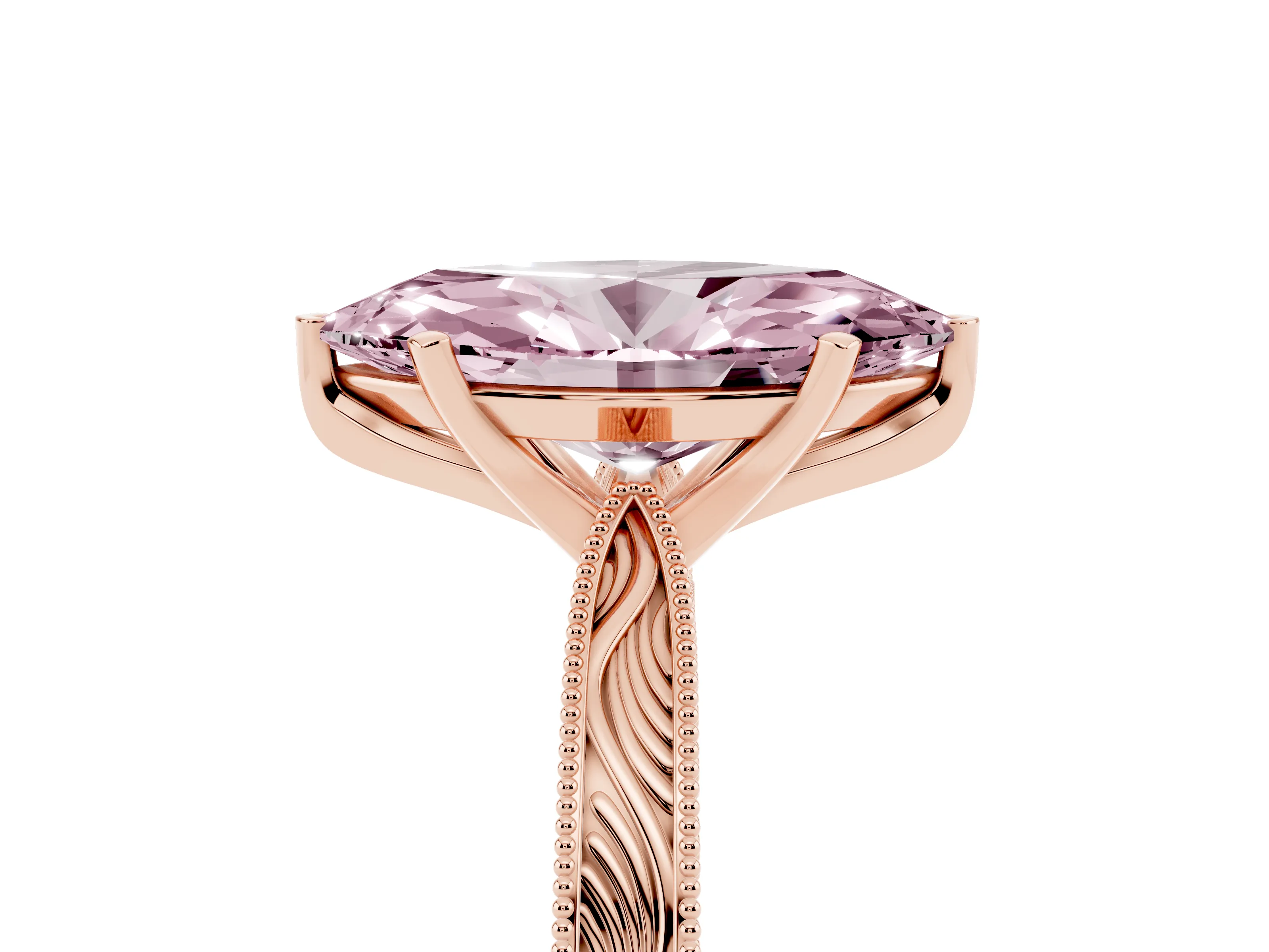 Fancy Pink Marquise Cut Diamond Solitaire Milgrain Engraved Band Set in Rose gold with Prong Setting
