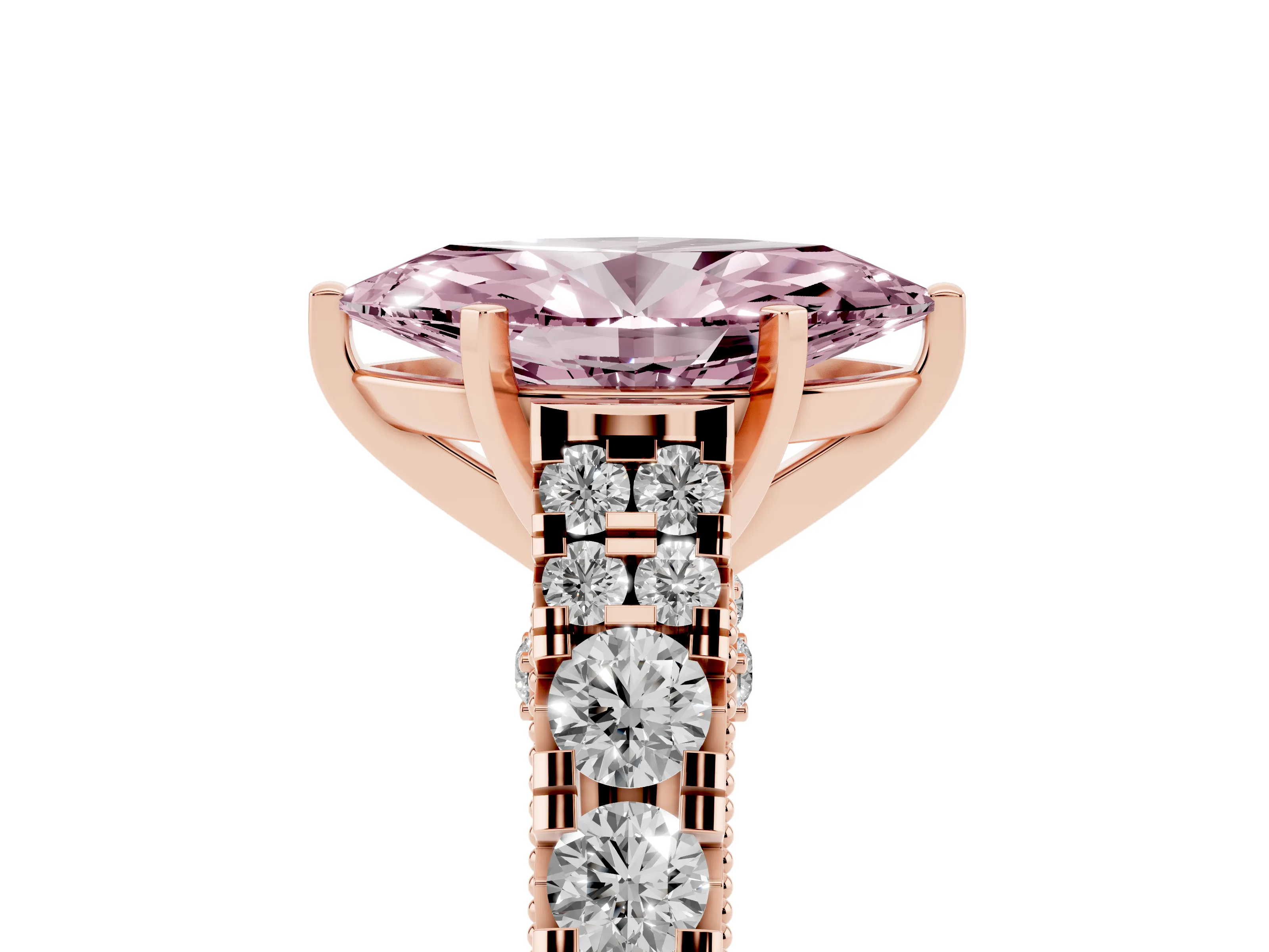 Fancy Pink Marquise Cut Diamond Classic Solitaire Ring Set in Rose gold with Pavé Band and Prong Setting