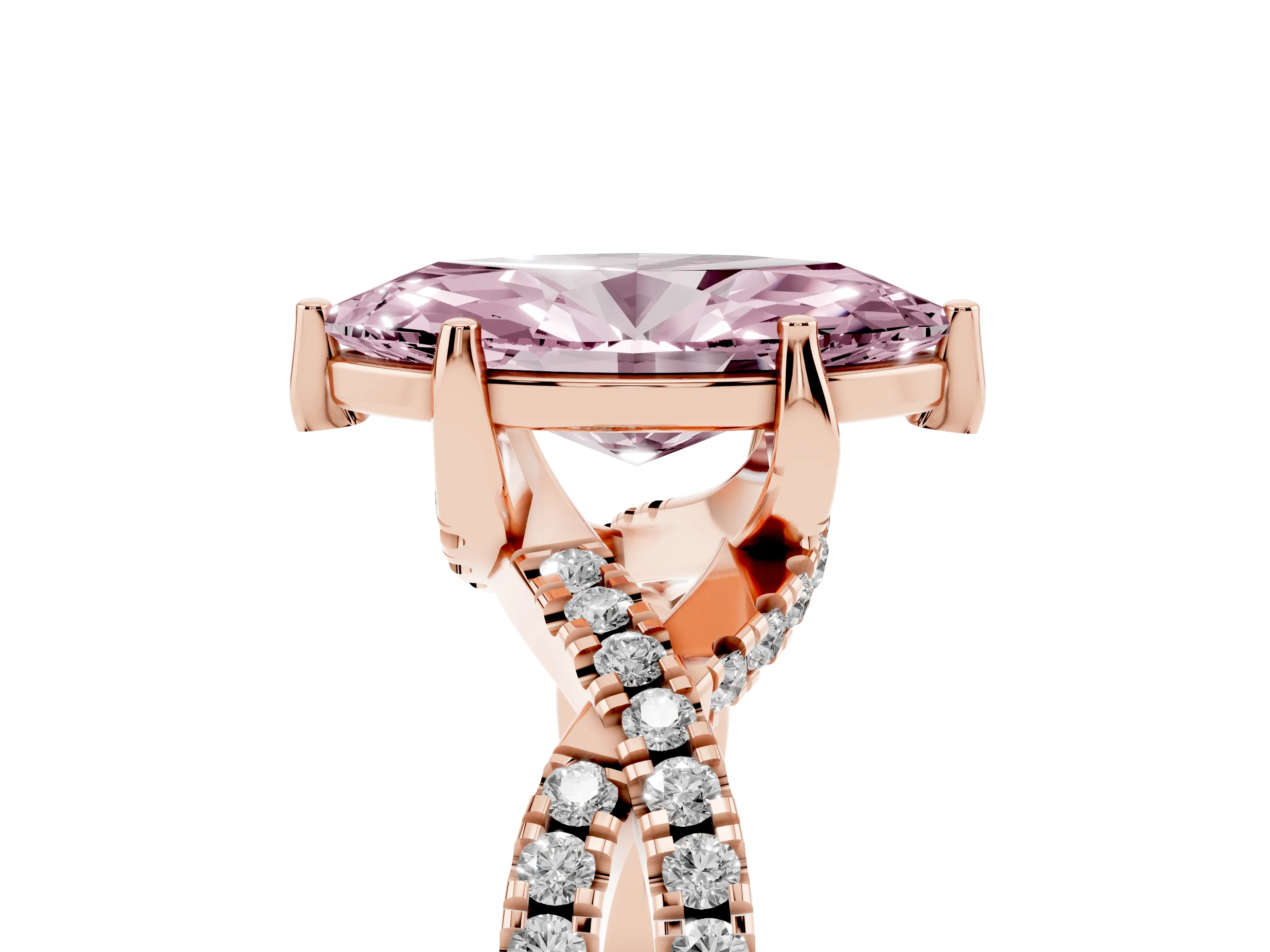Fancy Pink Marquise Cut Diamond Twist Pavé Solitaire Engagement Ring Set in Rose gold with Prong Setting