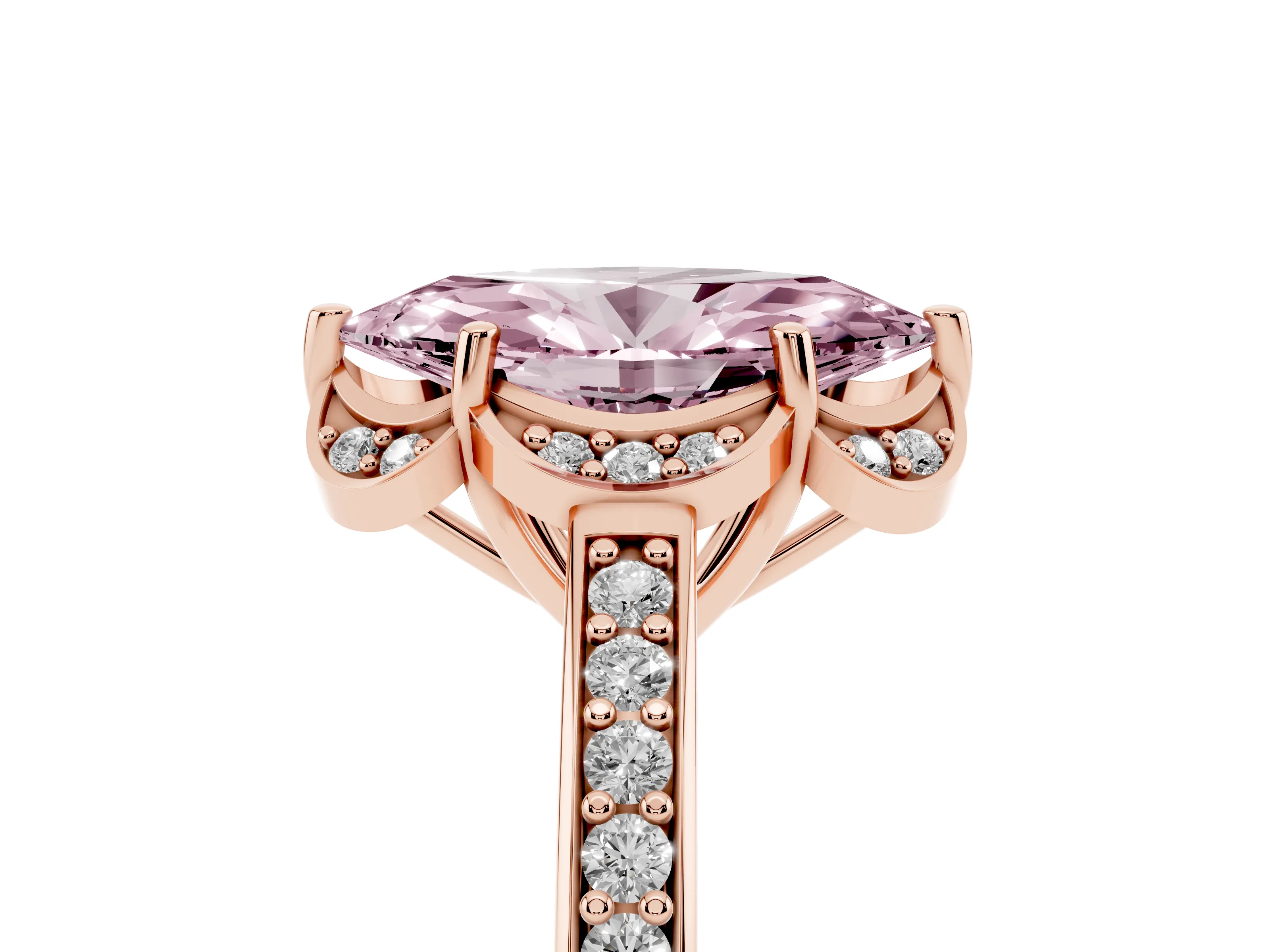 Fancy Pink Marquise Cut Diamond Halo Ring Set in Rose gold with Channel Set Band and Prong Setting