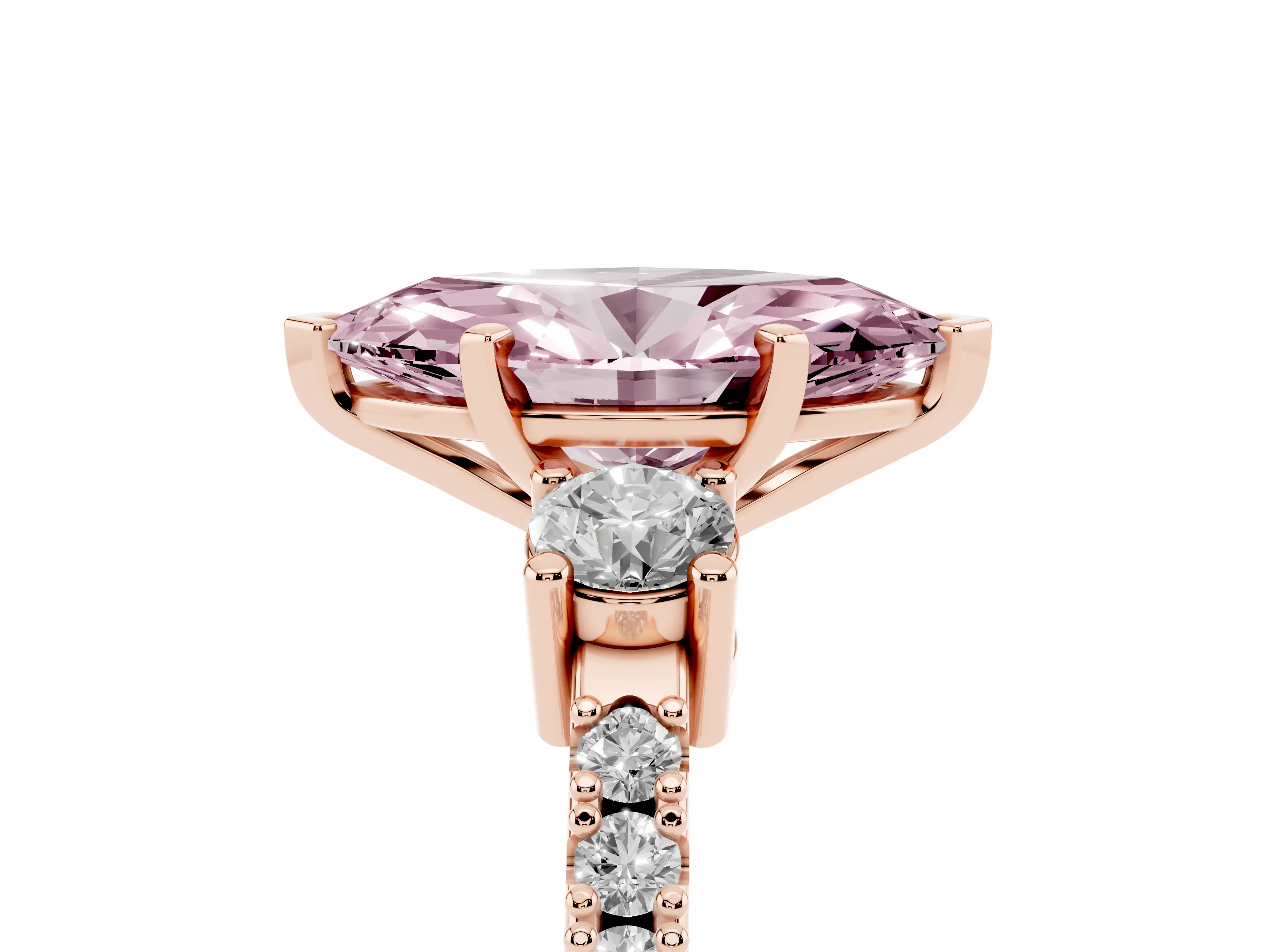 Fancy Pink Three-Stone Marquise Cut Diamond Pavé Band Ring Set in Rose gold with Prong Setting