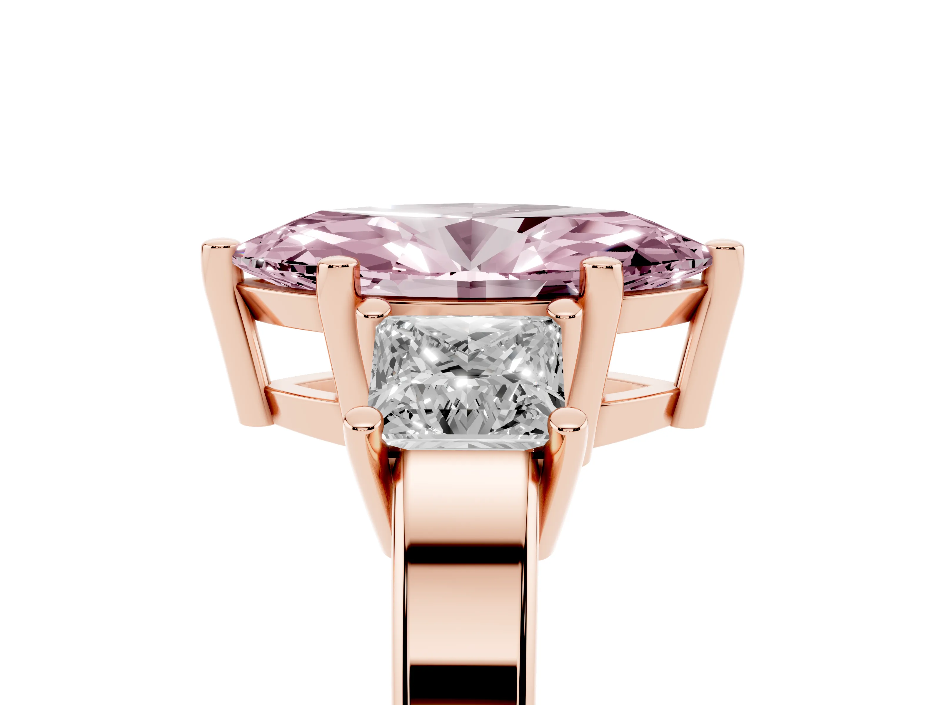 Fancy Pink Three-Stone Marquise Cut Diamond Solitaire Ring Set in Rose gold with Prong Setting