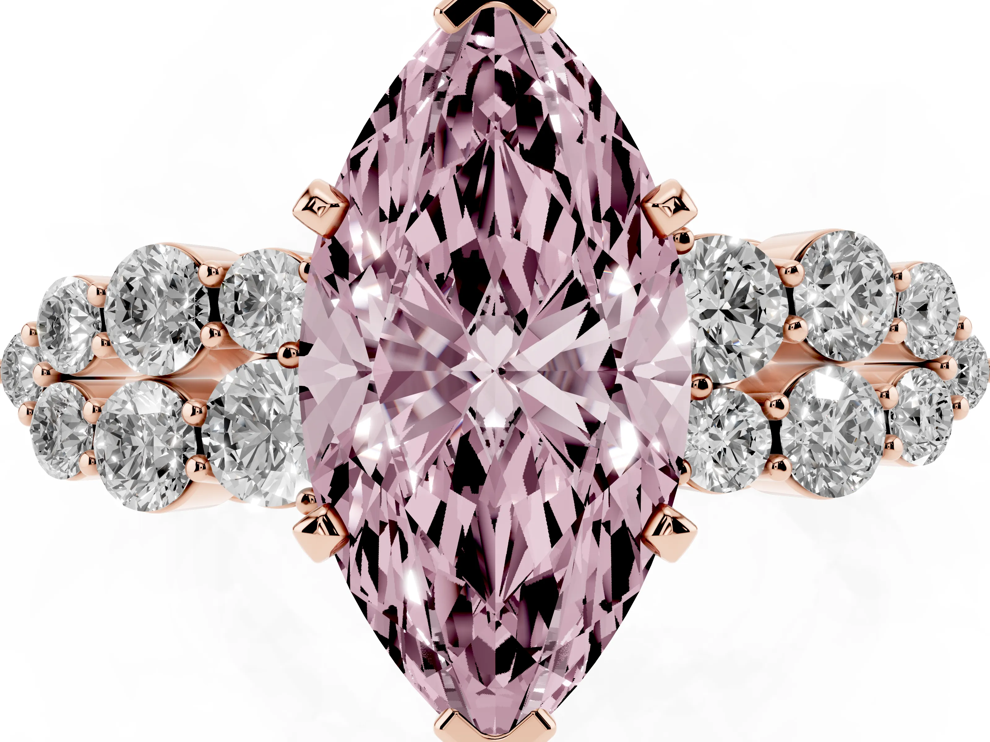 Fancy Pink Marquise Cut Diamond Cluster Engagement Ring Set in Rose gold with Pavé Band and Prong Setting