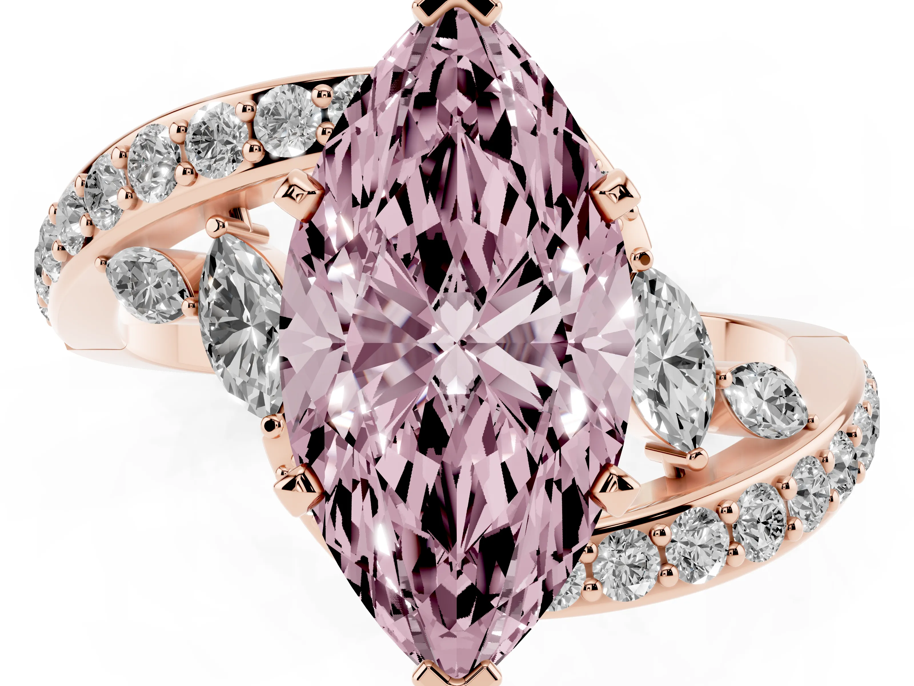Fancy Pink Marquise Cut Diamond Solitaire Ring Set in Rose gold with Pavé Twist Band and Secure Prong Setting