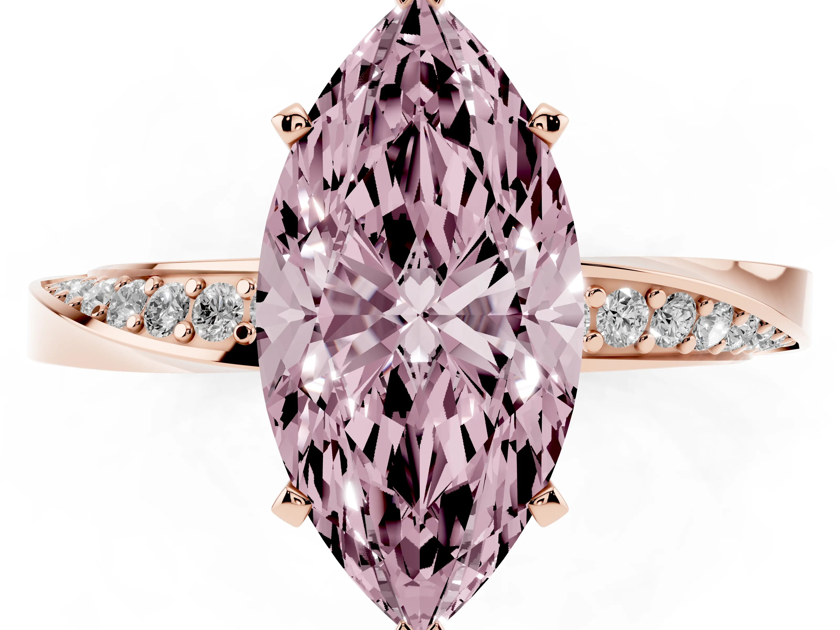 Fancy Pink Marquise Cut Diamond Engagement Ring Set in Rose gold with Side Stone Accents and Prong Setting
