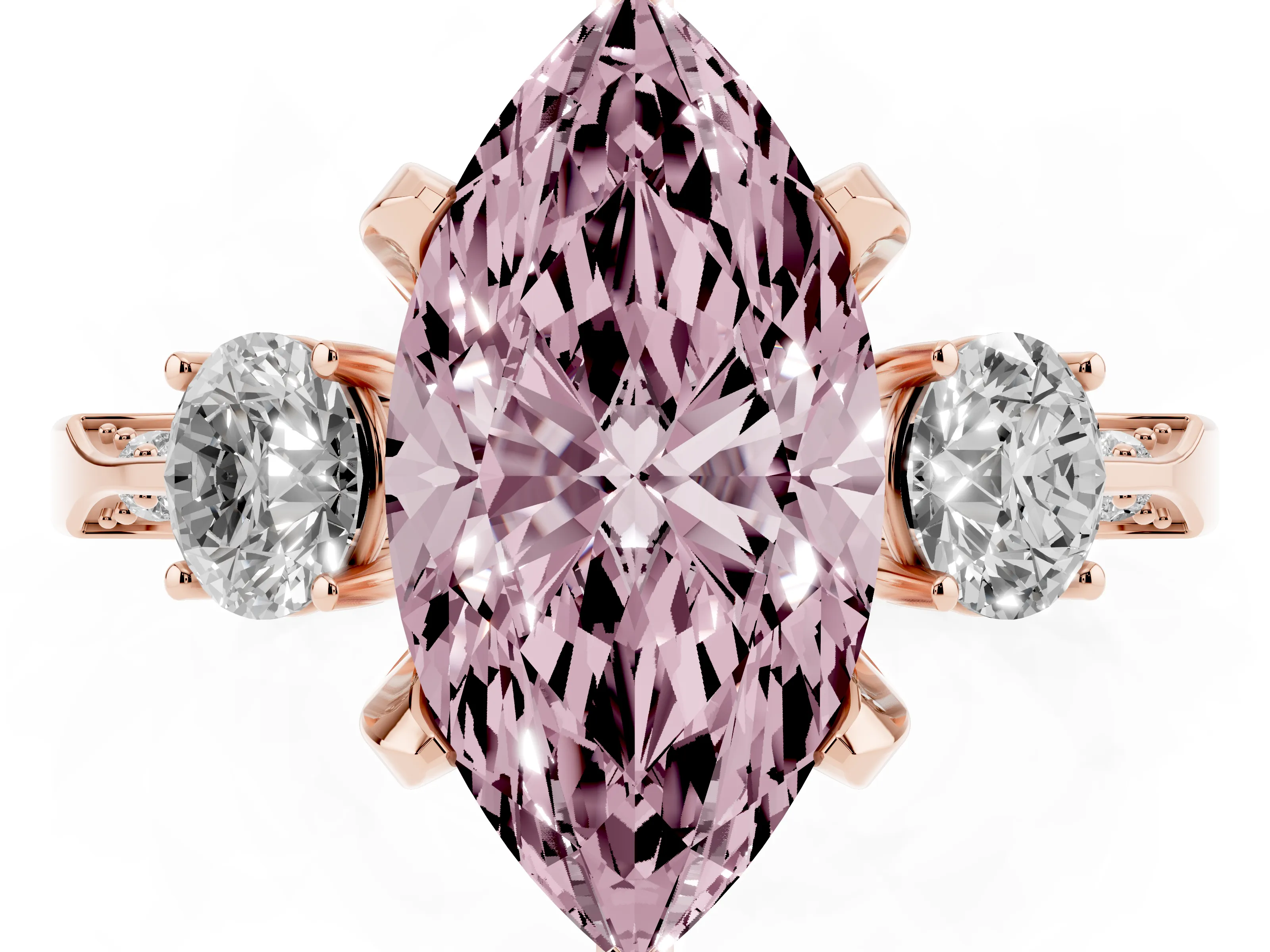 Fancy Pink Marquise Cut Diamond Three-Stone Ring Set in Rose gold with Pavé Band and Smaller Side Stones