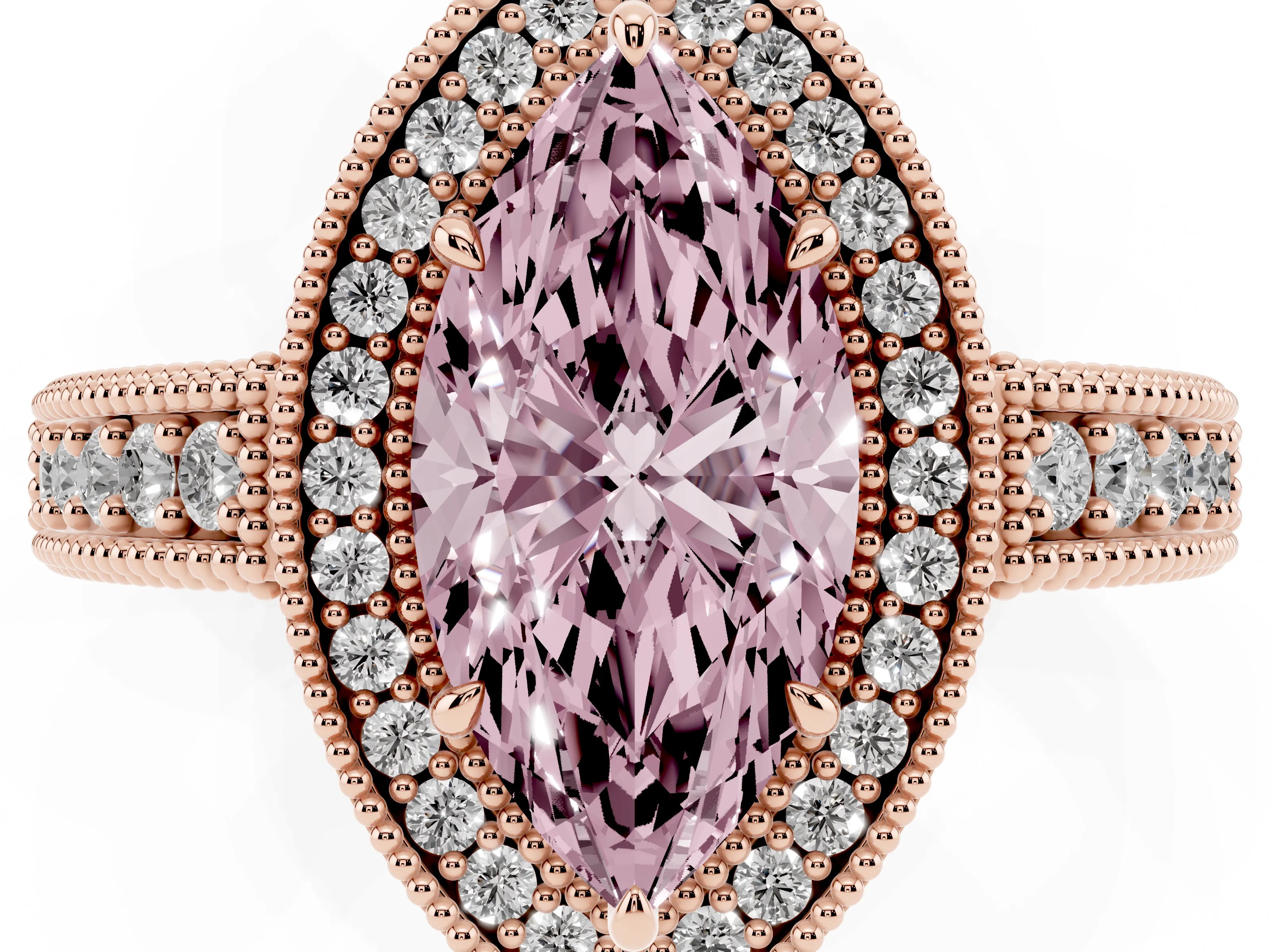 Fancy Pink Marquise Cut Diamond Halo Ring Set in Rose gold with Round Accent Halo, Pavé Band and Prong Setting