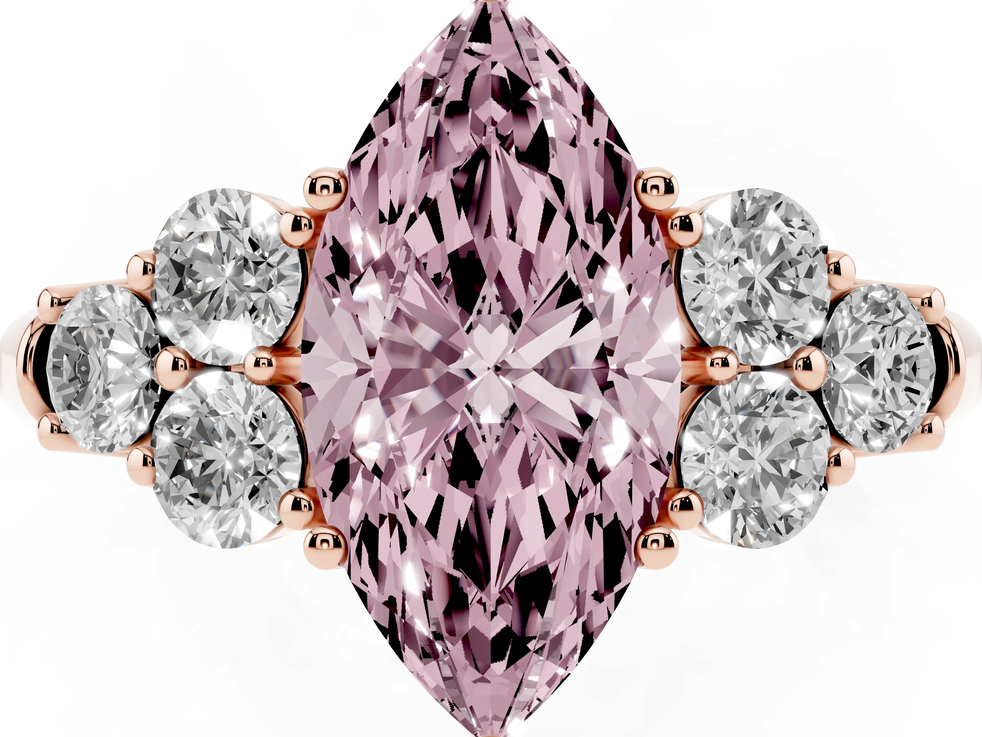 Fancy Pink Marquise Cut Diamond Cluster Ring Set in Rose gold with Round Accent Stones and Prong Setting on a Plain Band