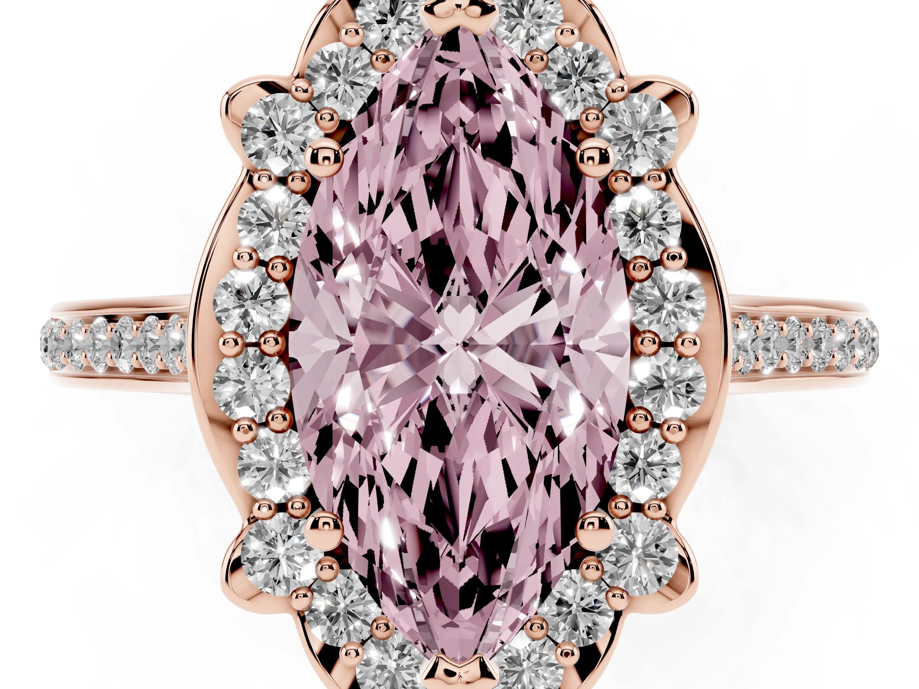 Fancy Pink Marquise Cut Diamond Halo Ring Set in Rose gold with Pavé-Lined Shoulders and Prong Setting