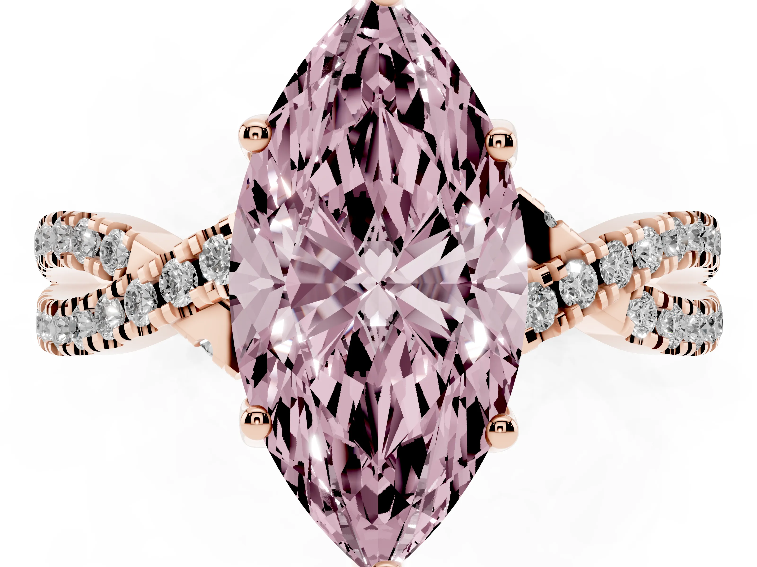 Fancy Pink Marquise Cut Diamond Twist Pavé Solitaire Engagement Ring Set in Rose gold with Prong Setting