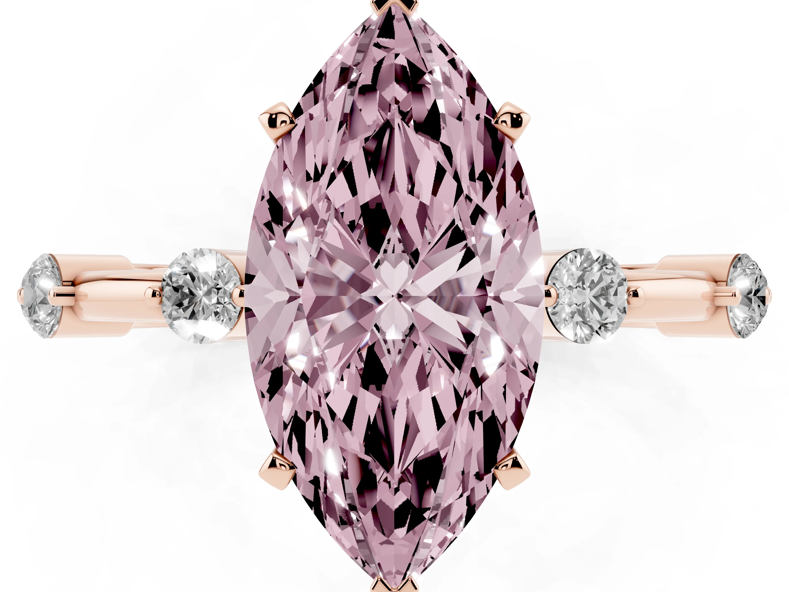Fancy Pink Marquise Cut Diamond Solitaire Ring Set in Rose gold with Bezel Set Side Stones and Prong Setting