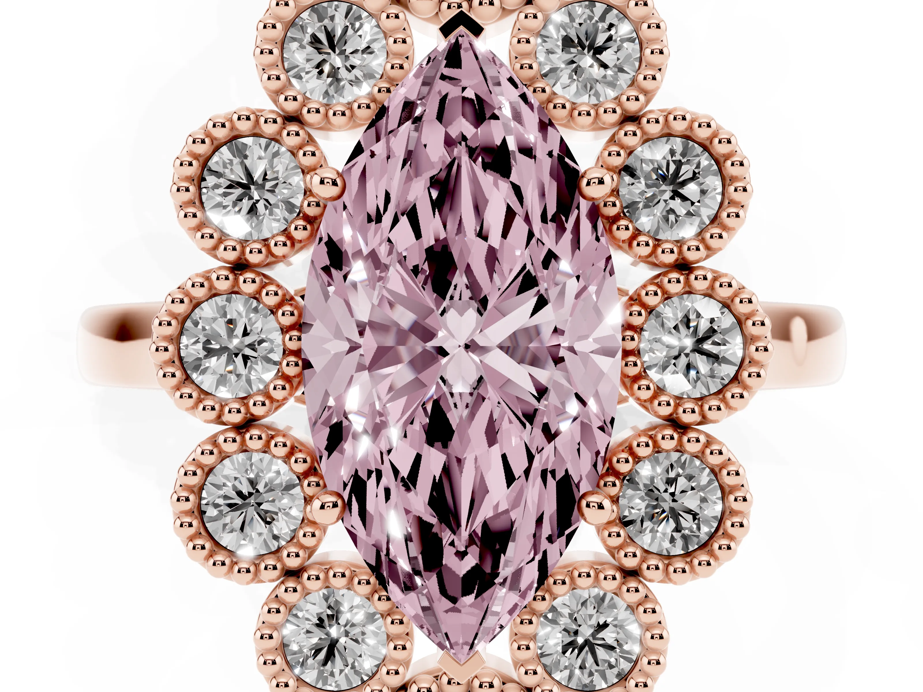 Fancy Pink Marquise Cut Diamond Cluster Halo Ring Set in Rose gold with Milgrain Bezel Accents and Plain Band