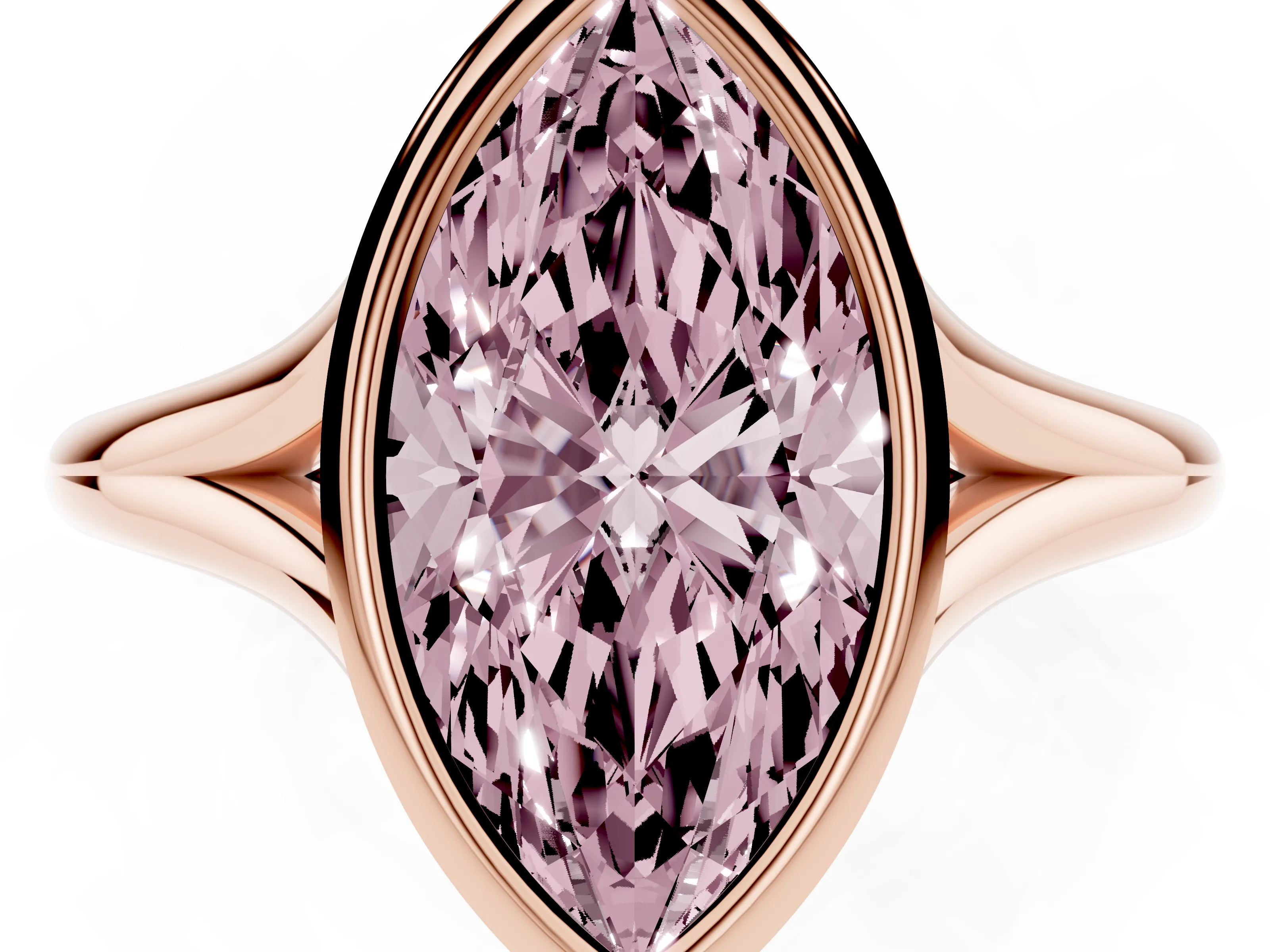 Fancy Pink Bezel Set Marquise Cut Diamond Solitaire Ring Set in Rose gold with Tapered Band