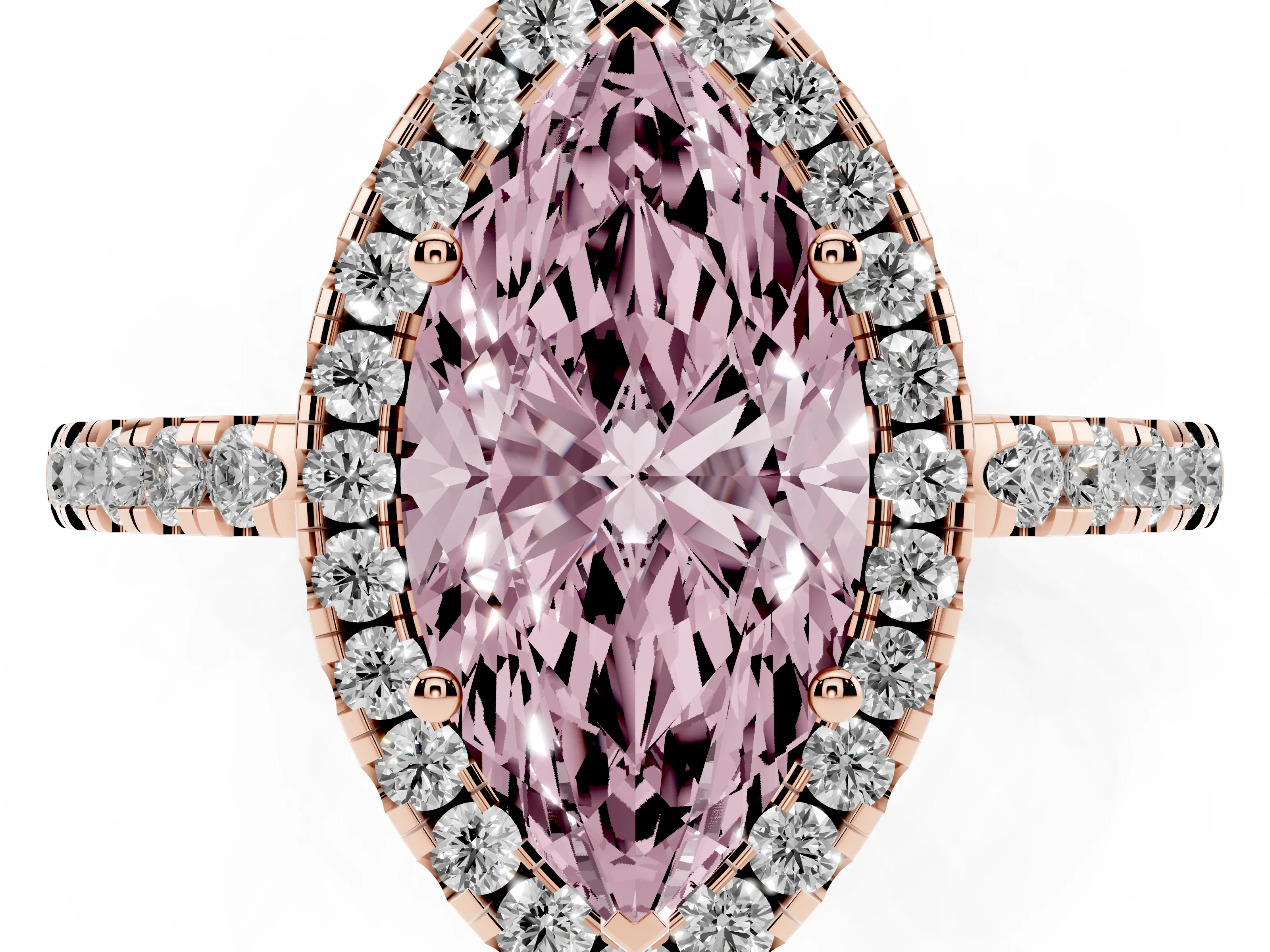 Fancy Pink Marquise Cut Diamond Pavé Band Halo Engagement Ring Set in Rose gold with Prong Setting