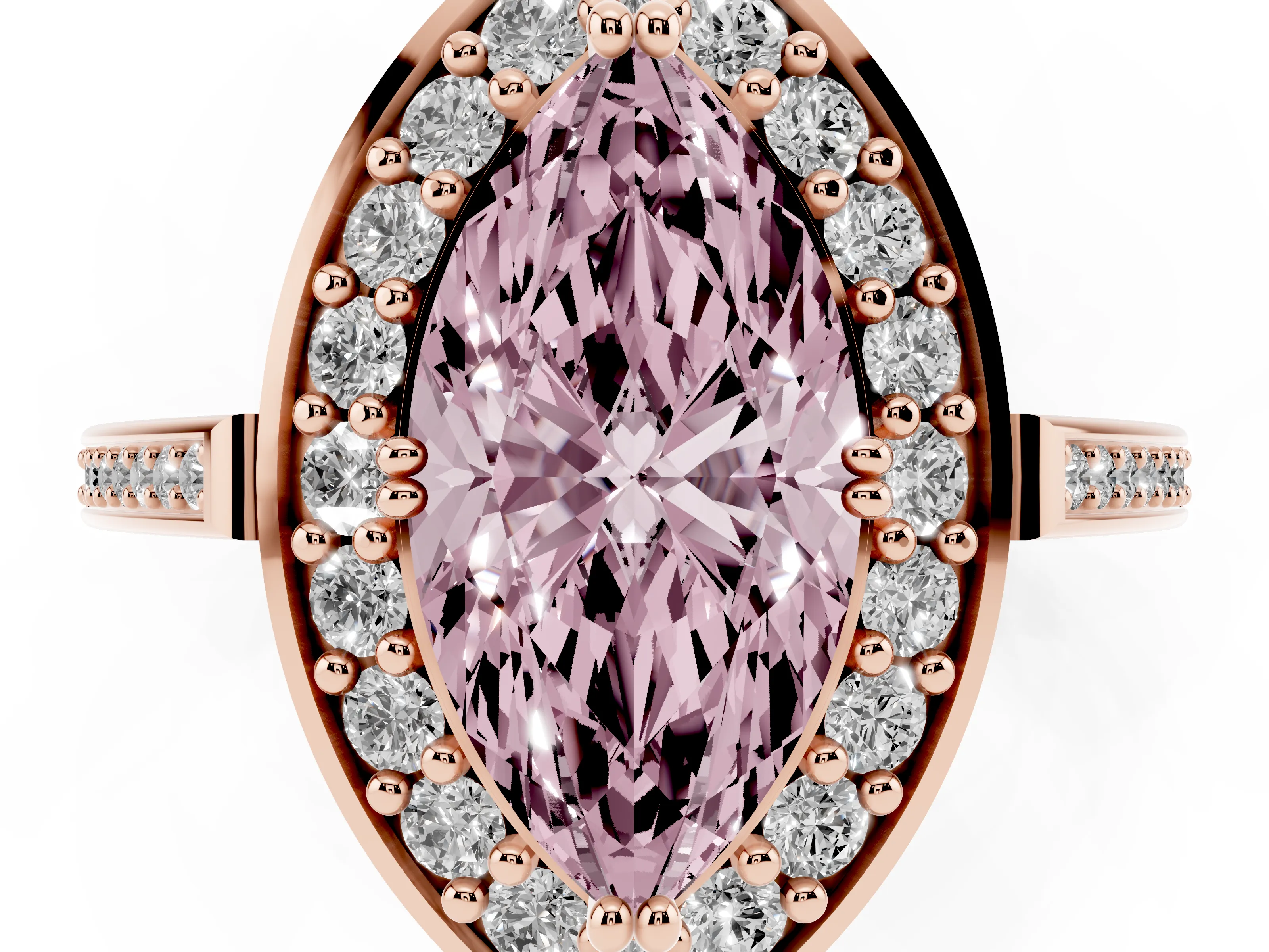 Fancy Pink Marquise Cut Diamond Halo Ring Set in Rose gold with Accent-Lined Split Shank and Prong Setting