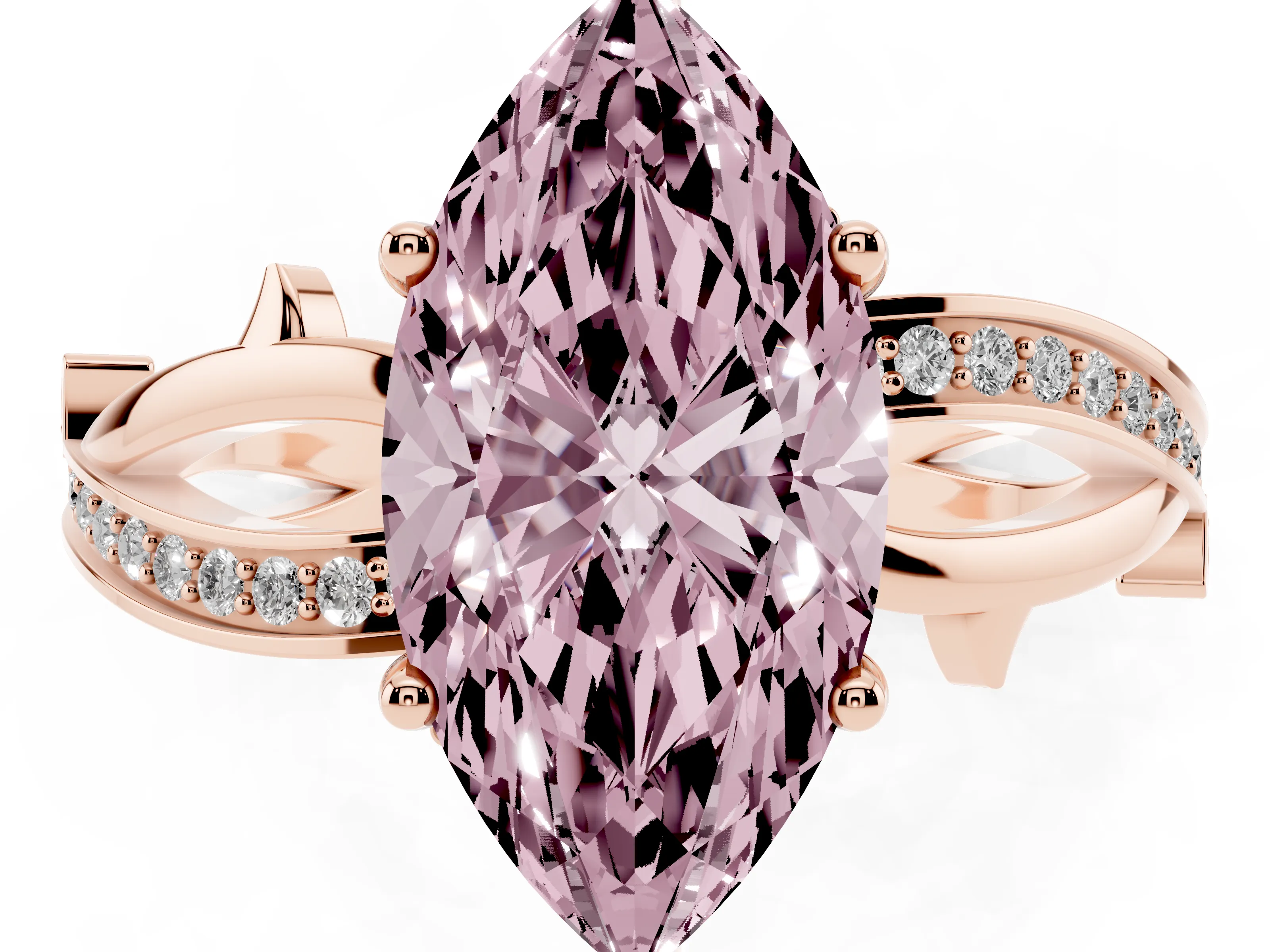 Fancy Pink Marquise Cut Diamond Pavé Twist Band Solitaire Ring Set in Rose gold with Prong Setting
