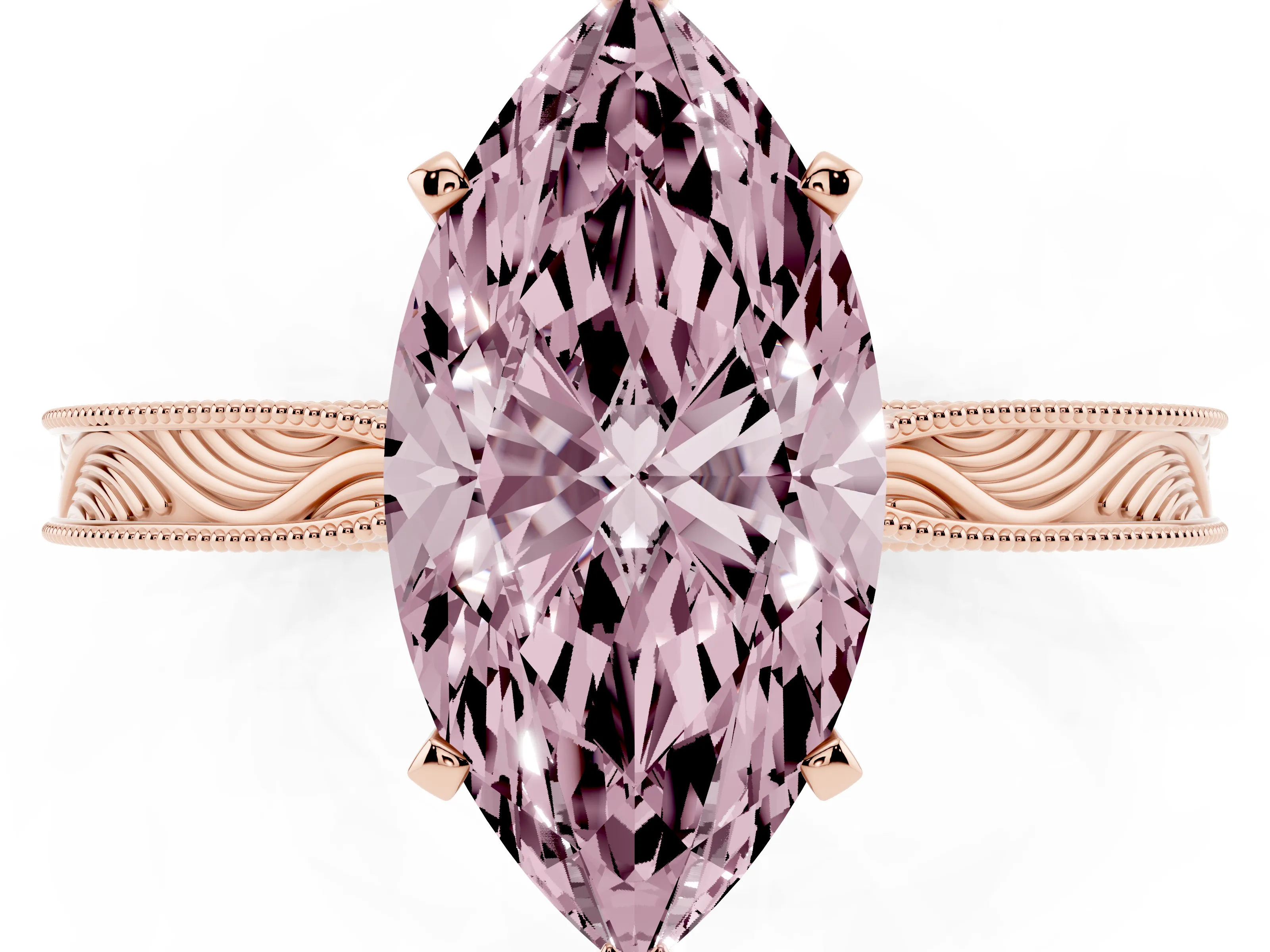 Fancy Pink Marquise Cut Diamond Solitaire Milgrain Engraved Band Set in Rose gold with Prong Setting