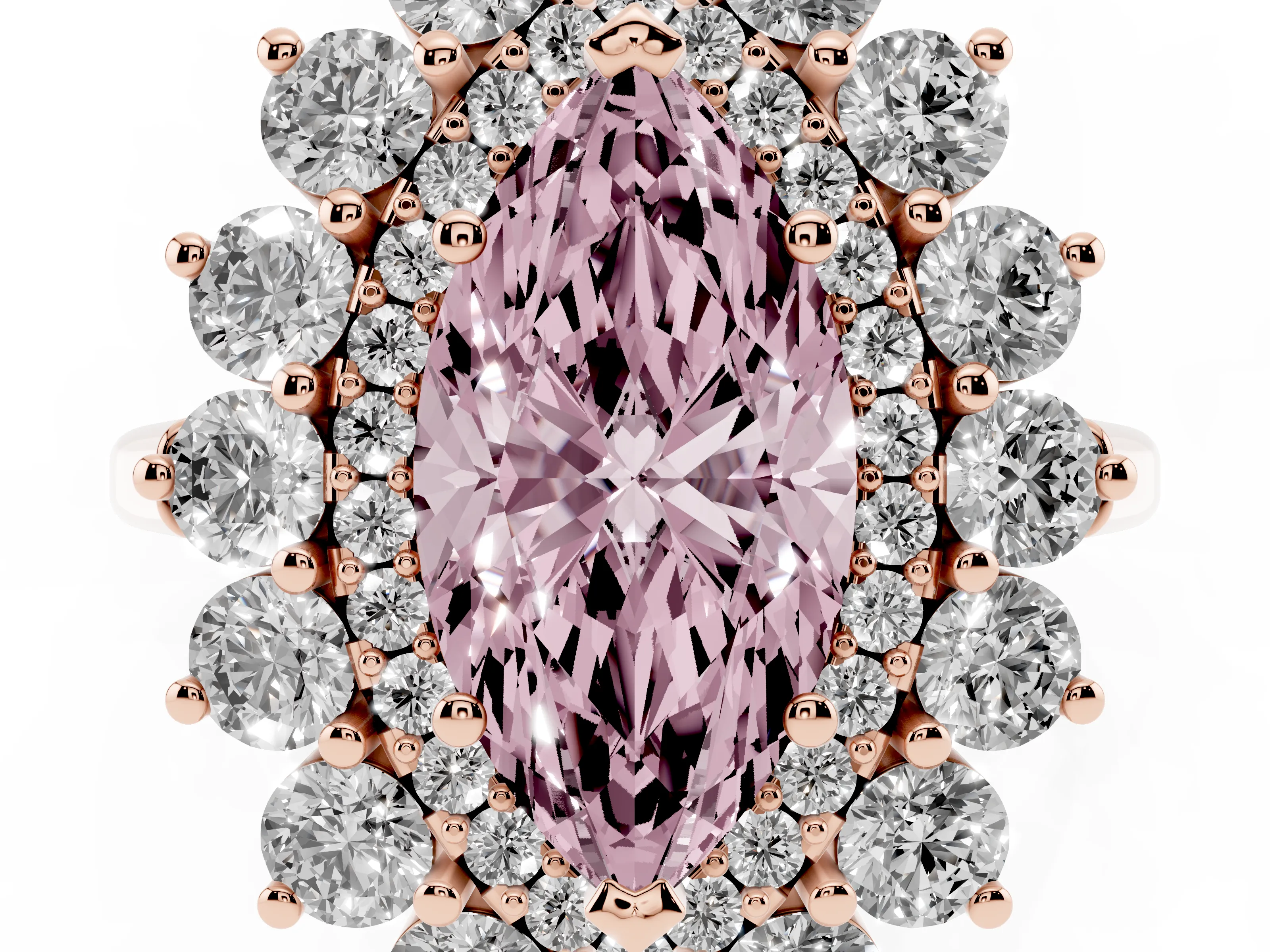 Fancy Pink Marquise Cut Diamond Floral Double Halo Ring Set in Rose gold with Round Petals