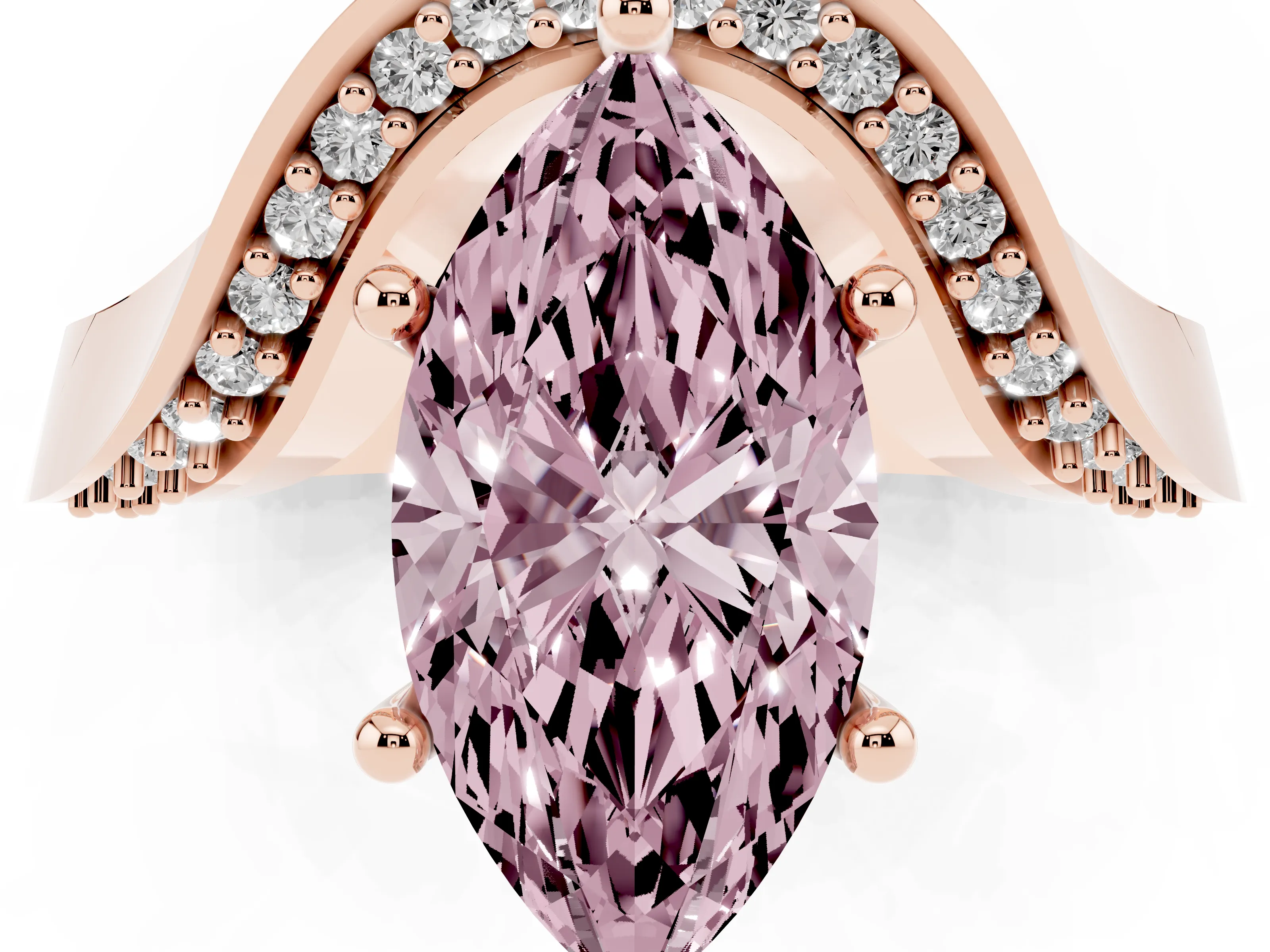 Fancy Pink Marquise Cut Diamond Solitaire Engagement Ring Set in Rose gold with Pavé Shoulders