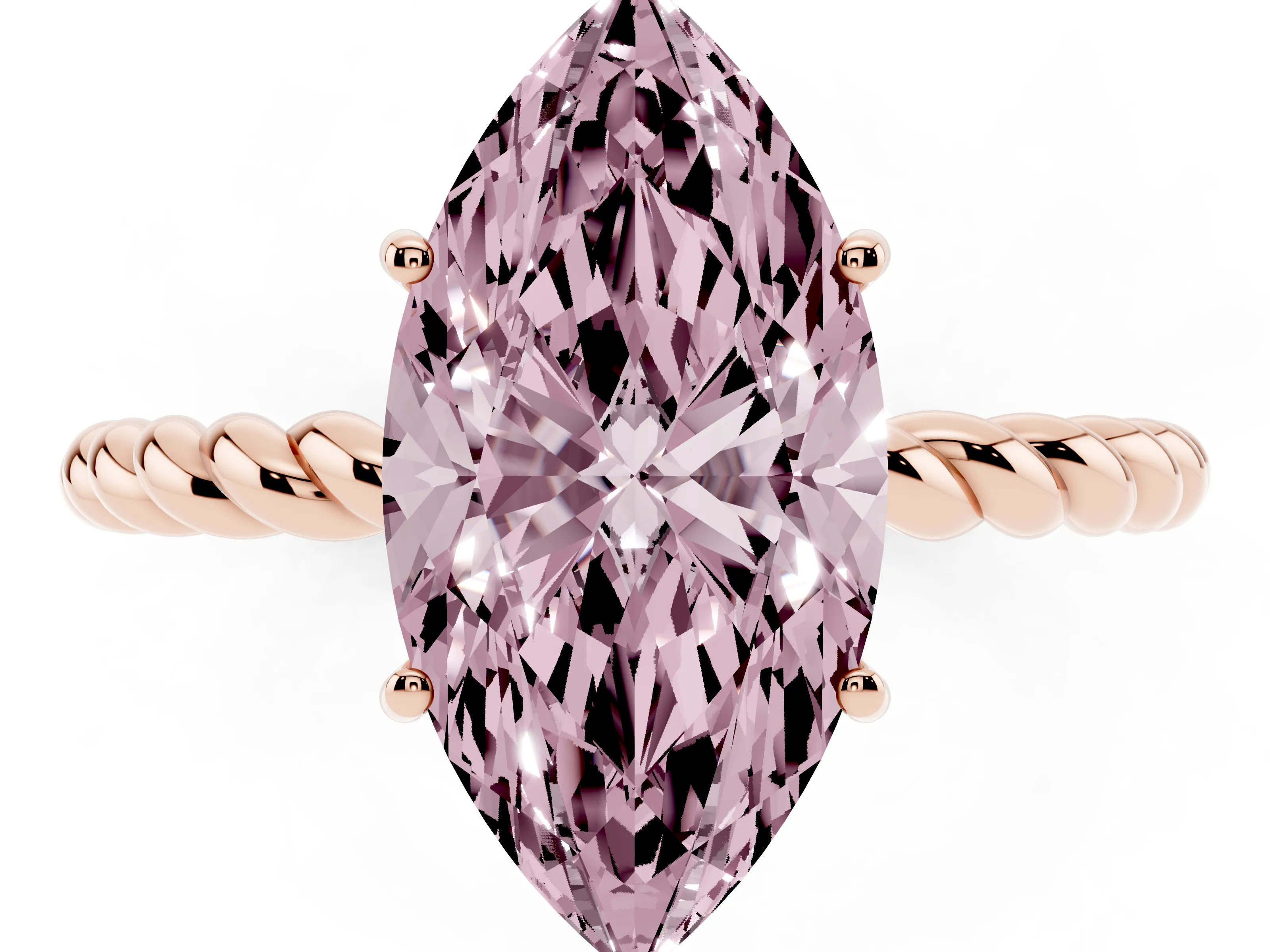 Fancy Pink Marquise Cut Diamond Solitaire Ring Set in Rose gold with Twist Band and Prong Setting