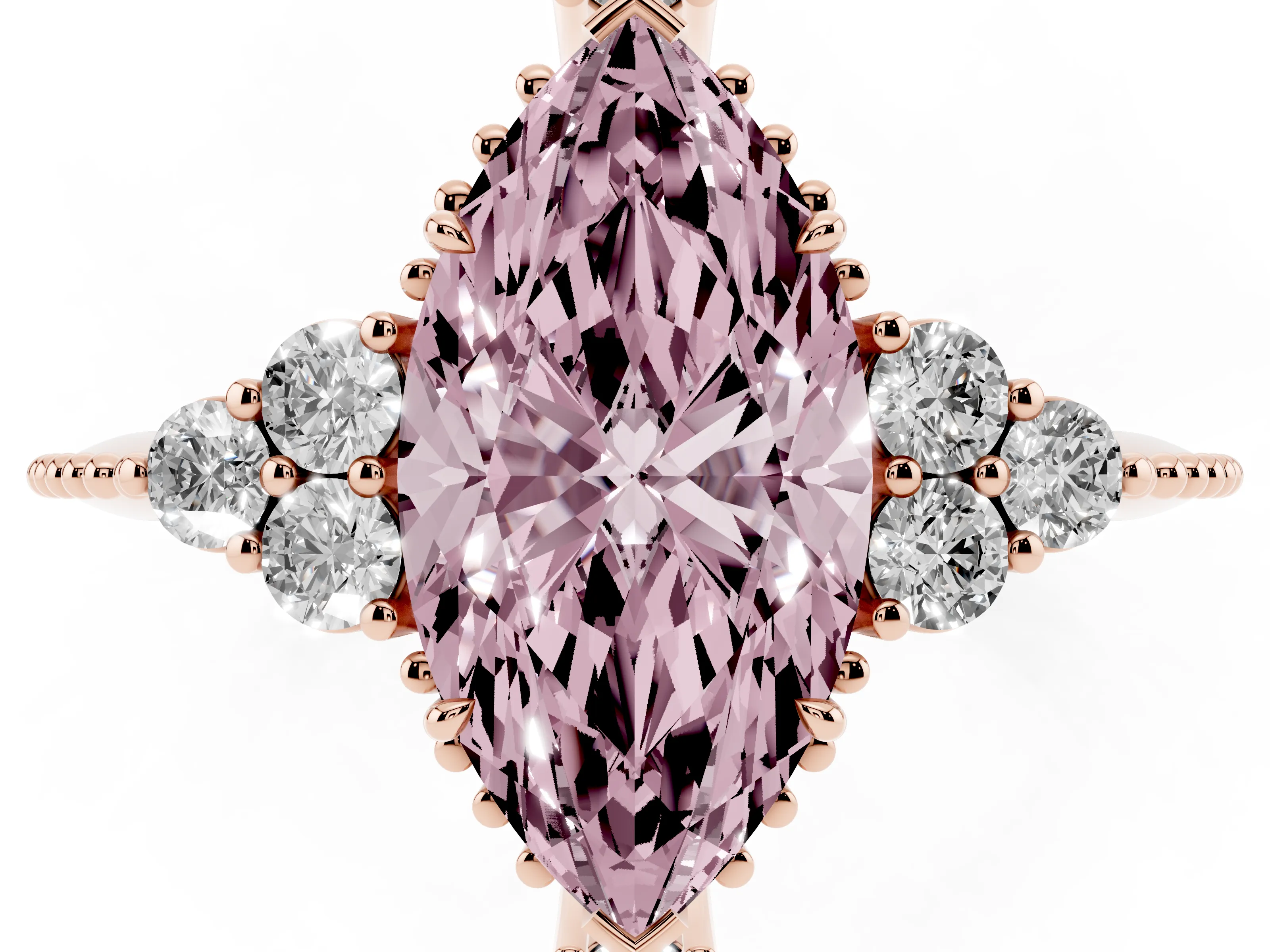 Fancy Pink Marquise Cut Diamond Cluster Ring Set in Rose gold with Beaded Band