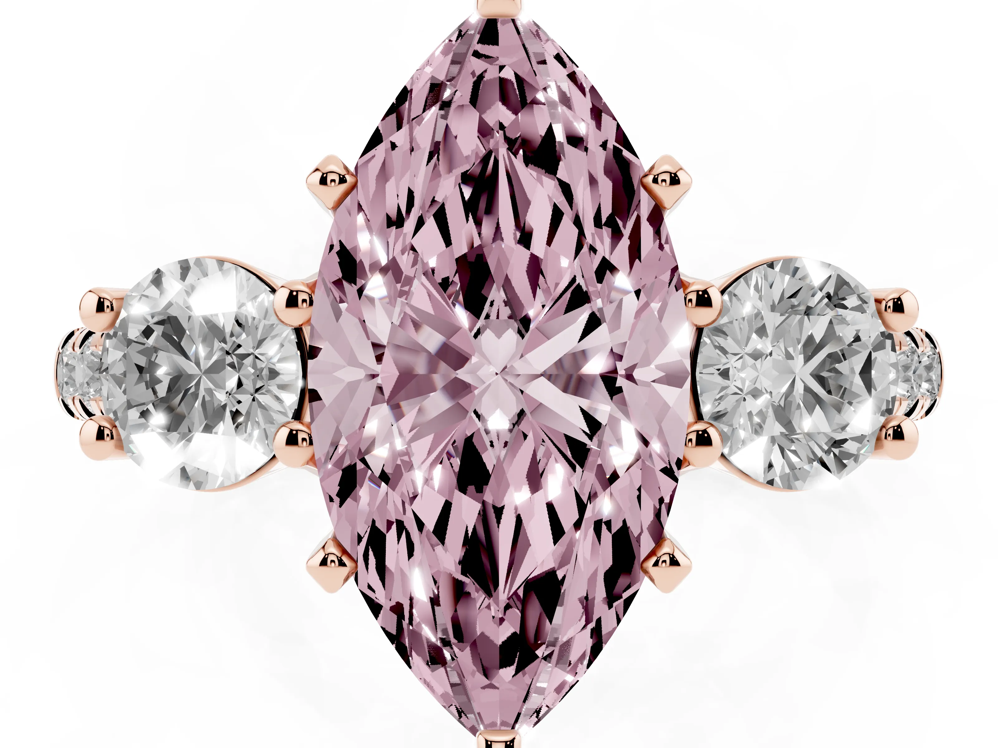Fancy Pink Three-Stone Marquise Cut Diamond Pavé Band Ring Set in Rose gold with Prong-Set Trio
