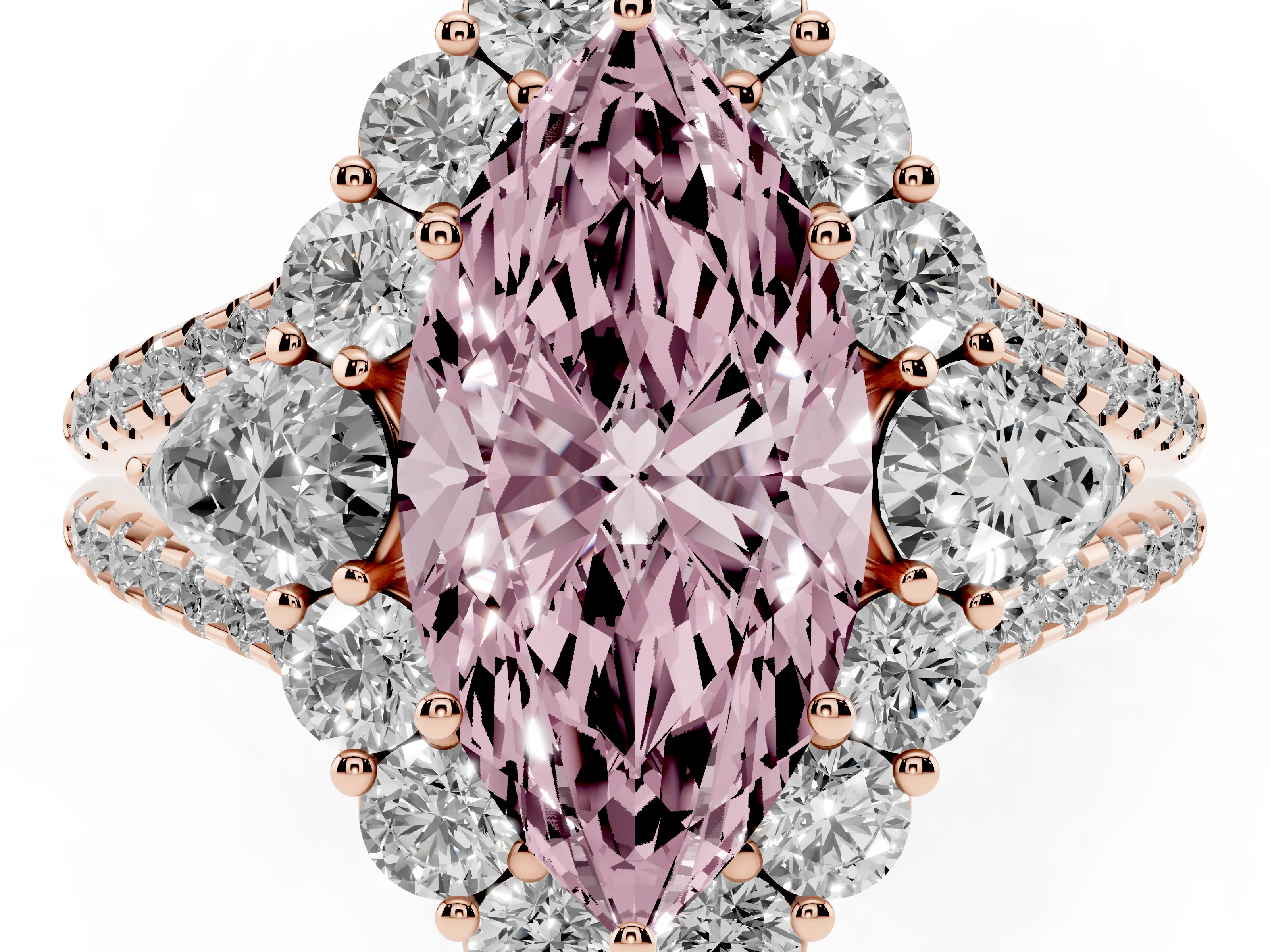 Fancy Pink Marquise Cut Diamond Halo Split Shank Engagement Ring Set in Rose gold with Prong-Held Center Stone