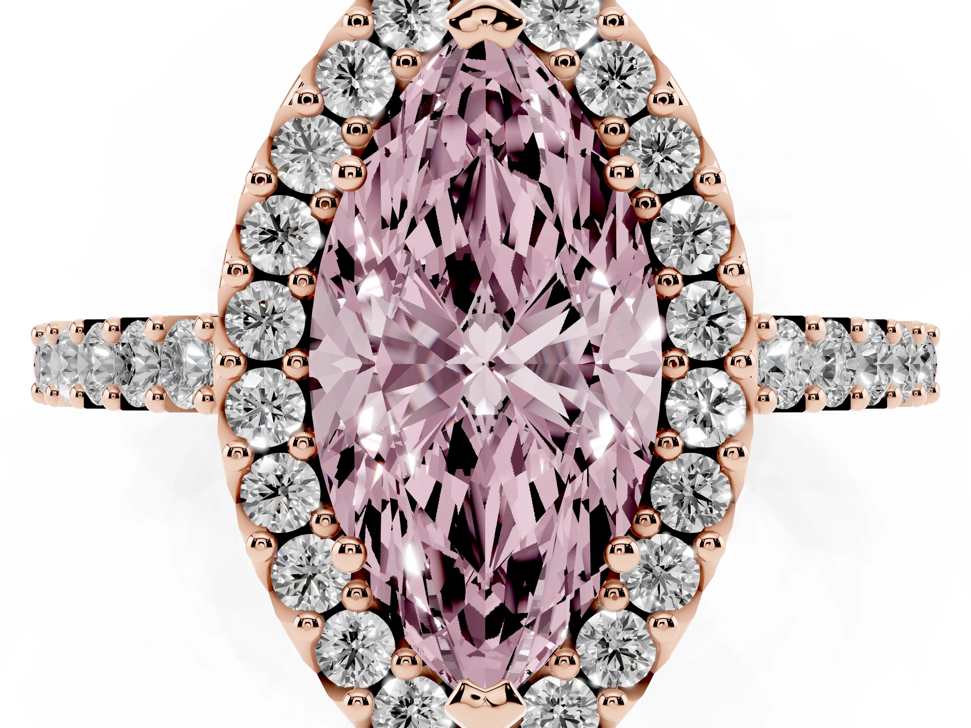 Fancy Pink Marquise Cut Diamond Halo Pavé Solitaire Ring Set in Rose gold with Prong-Set Center Stone