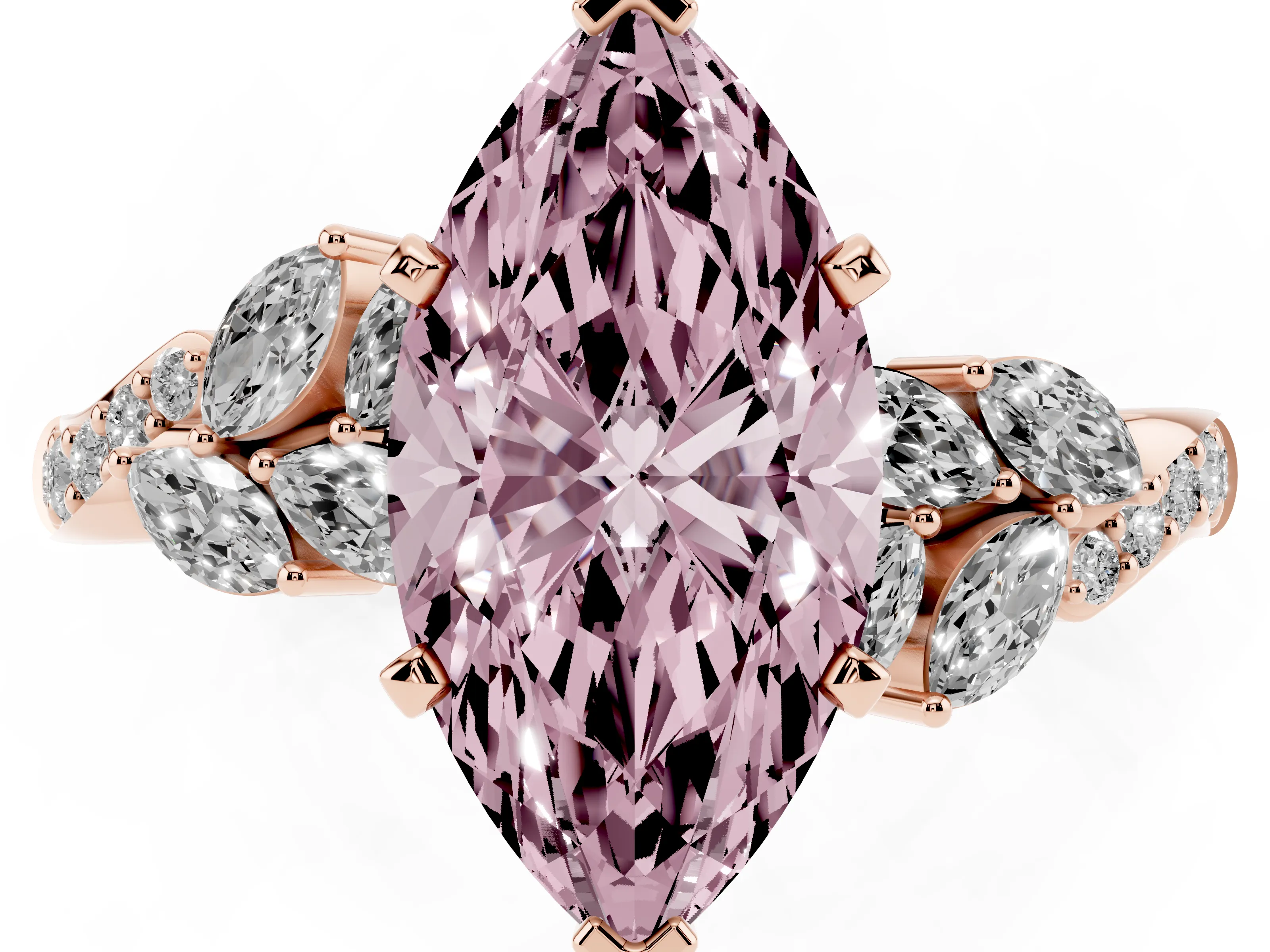 Fancy Pink Marquise Cut Diamond Solitaire Ring Set in Rose gold with Marquise Twist Band and Prong Setting