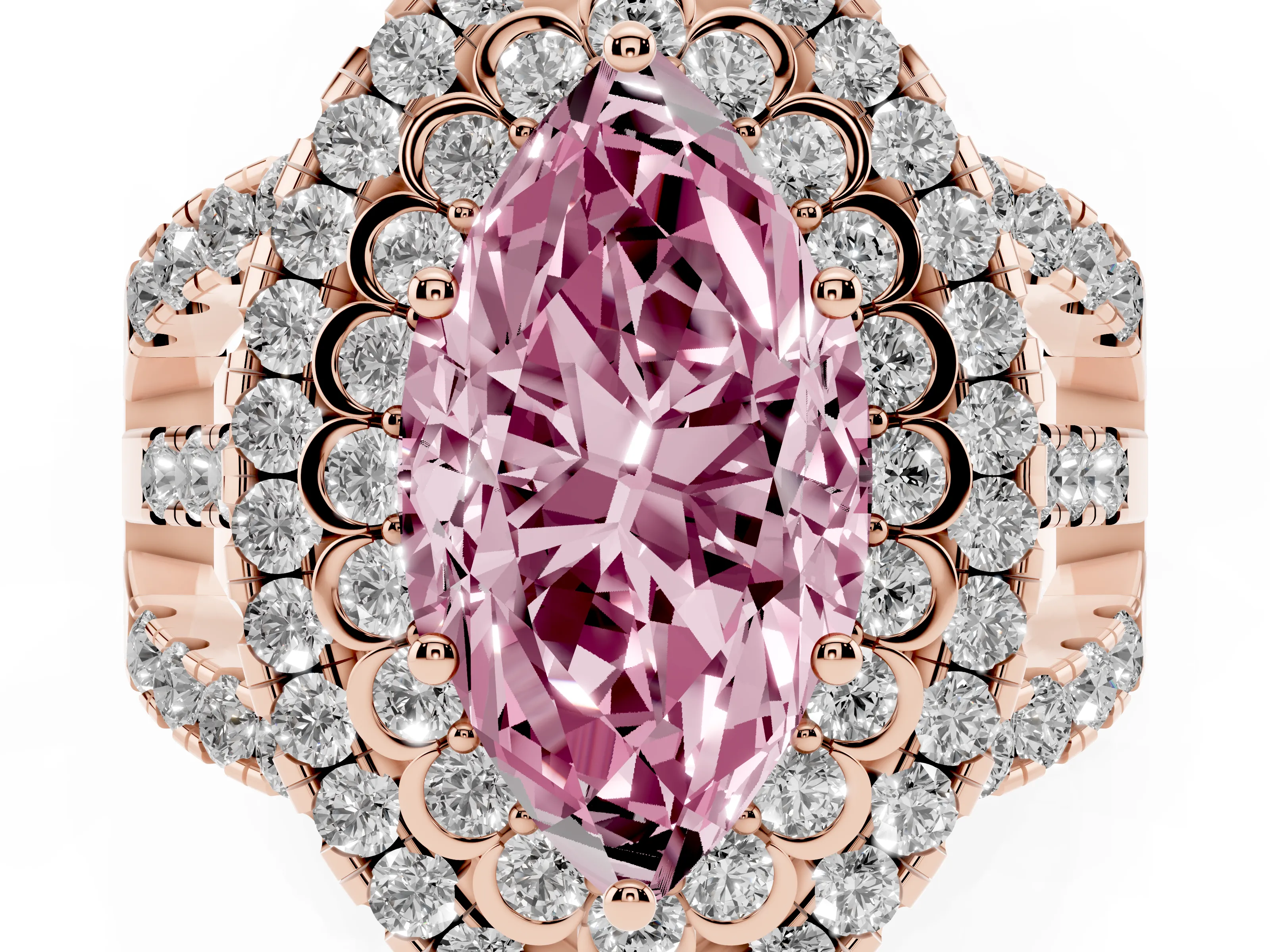 Fancy Pink Marquise Cut Diamond Double Halo Ring Set in Rose gold with Round Pavé Split Shank