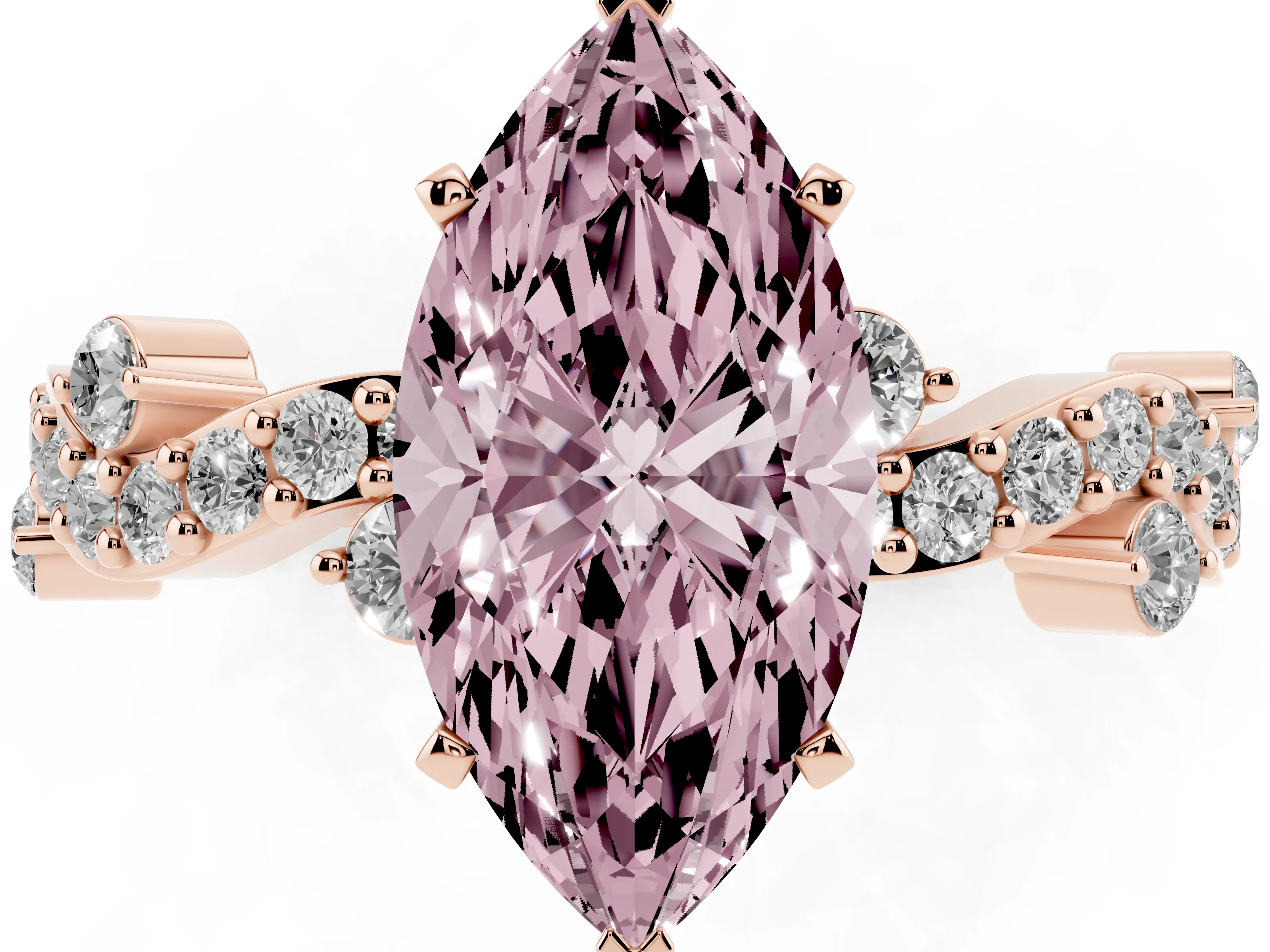 Fancy Pink Marquise Cut Diamond Solitaire Twisted Band Set in Rose gold with Pavé Setting