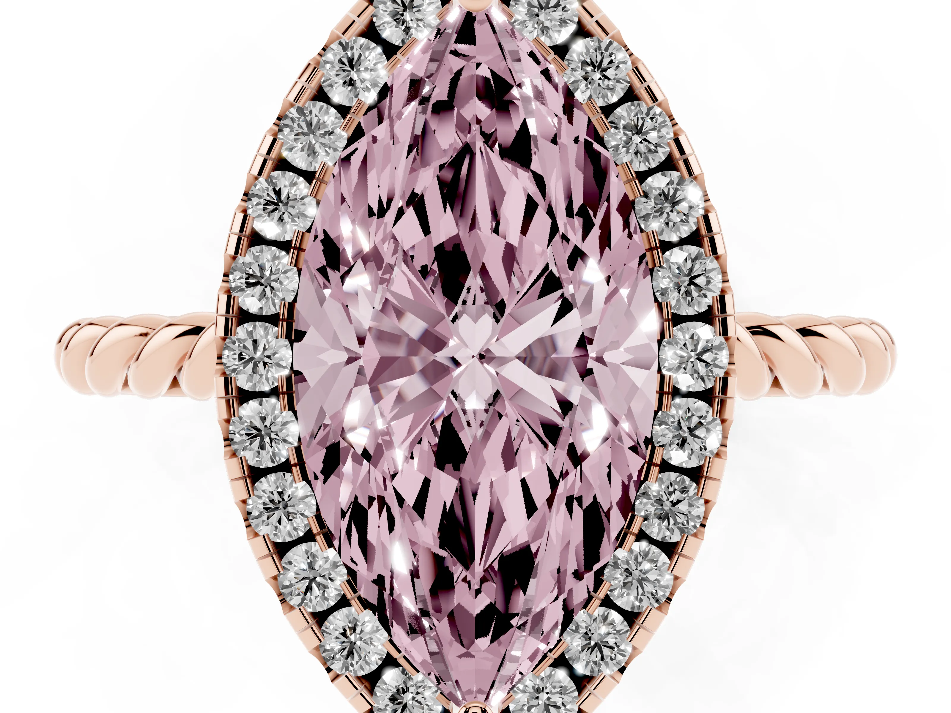 Fancy Pink Marquise Cut Diamond Halo Ring Set in Rose gold with Plain Twisted Band