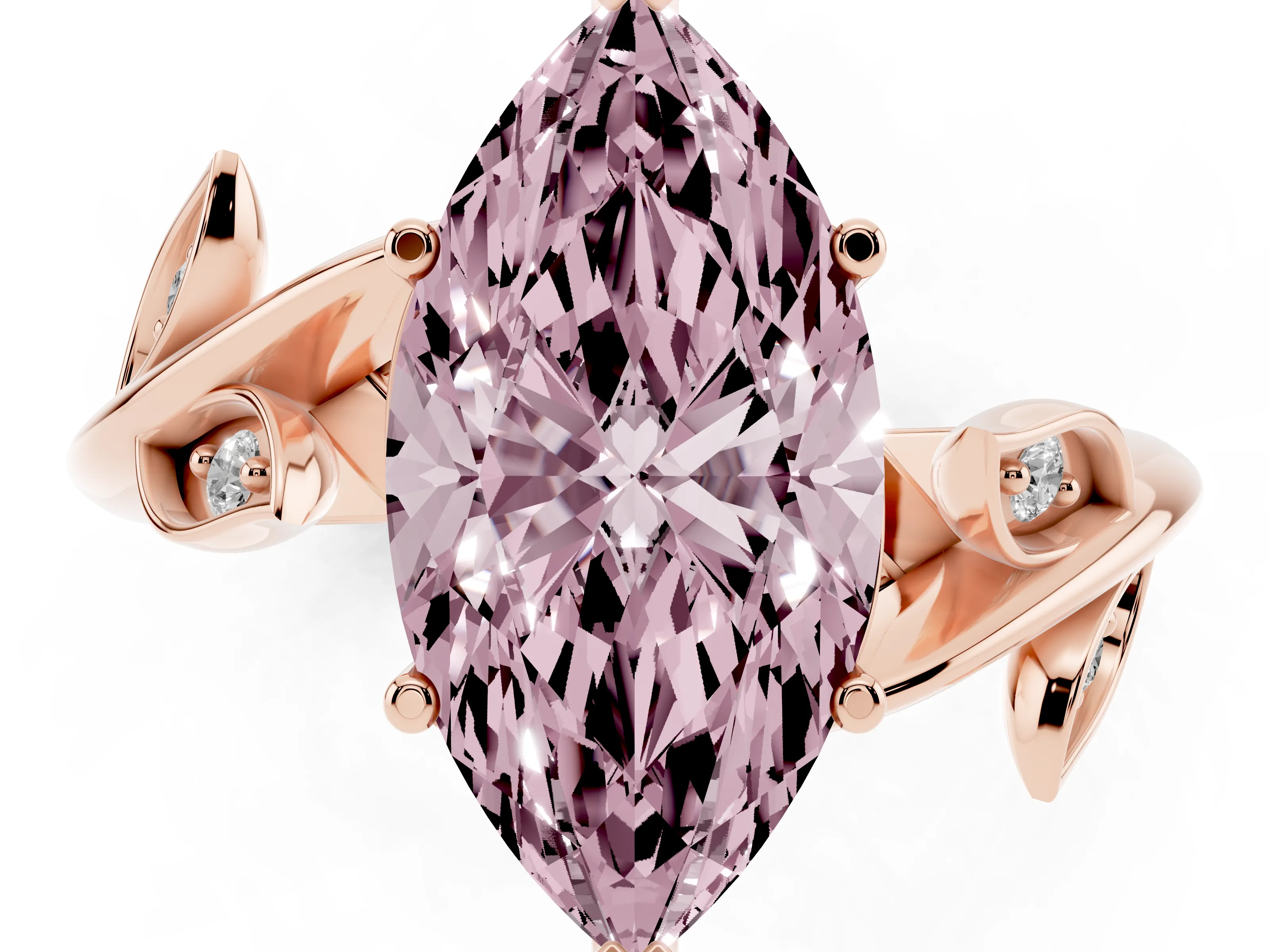 Fancy Pink Marquise Cut Diamond Solitaire Twist Engagement Ring Set in Rose gold with Pavé Leaf Accents