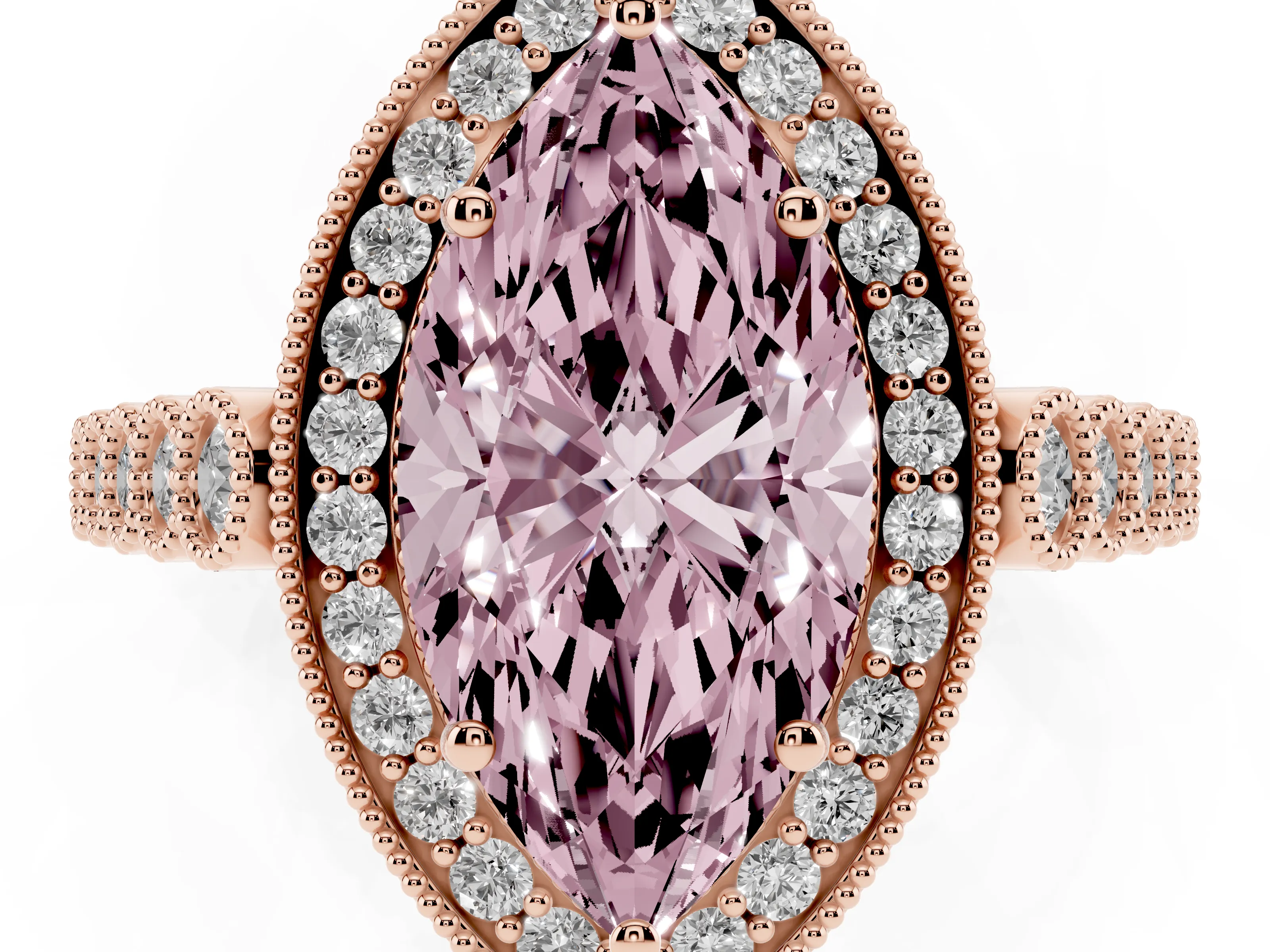Fancy Pink Marquise Cut Diamond Milgrain Halo Solitaire Ring Set in Rose gold with Bezel Set Side Stones and Pavé Band