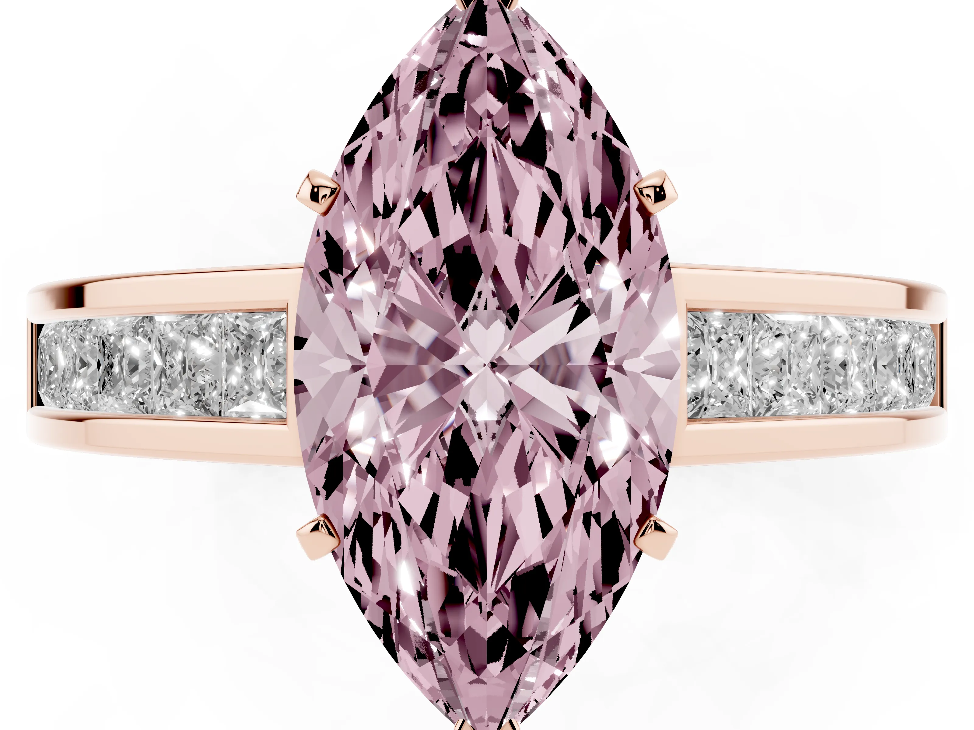 Fancy Pink Marquise Cut Diamond Solitaire Ring Set in Rose gold with Channel-Set Band and Prong Setting