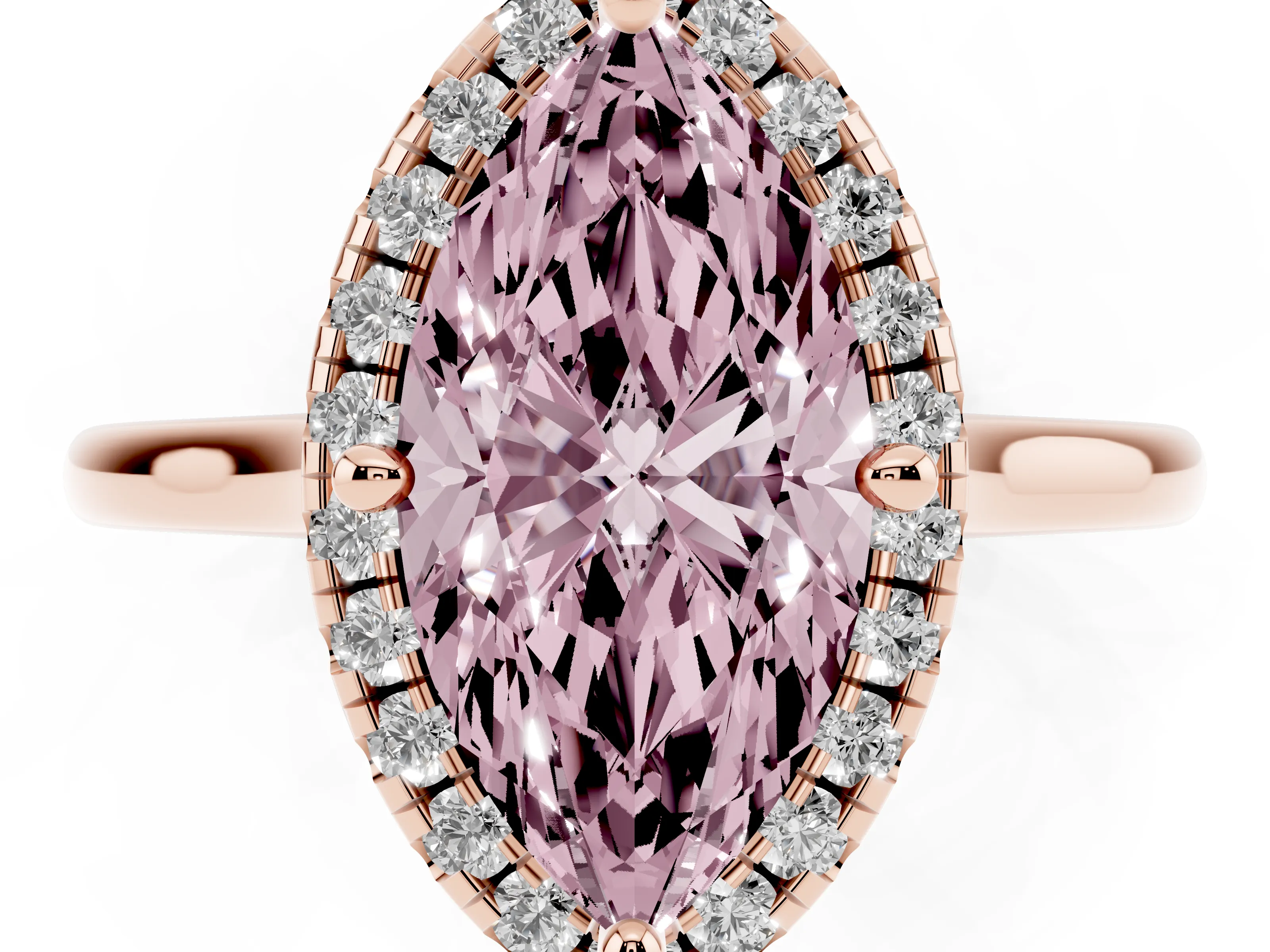 Fancy Pink Marquise Cut Diamond Halo Engagement Ring Set in Rose gold with Pavé Band and Rising Shoulders