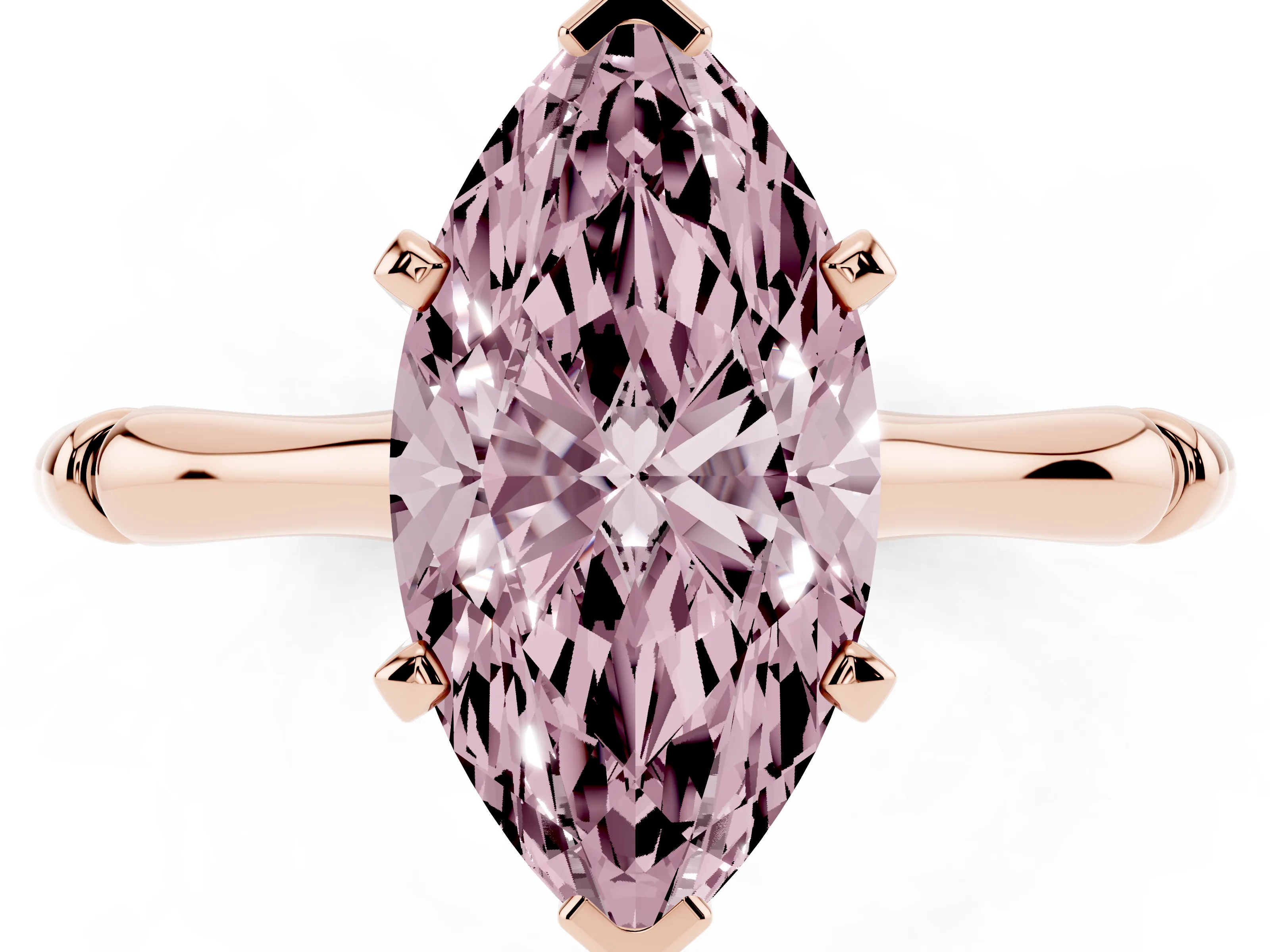 Fancy Pink Marquise Cut Diamond Solitaire Ring Set in Rose gold with Bamboo Band and Prong Setting
