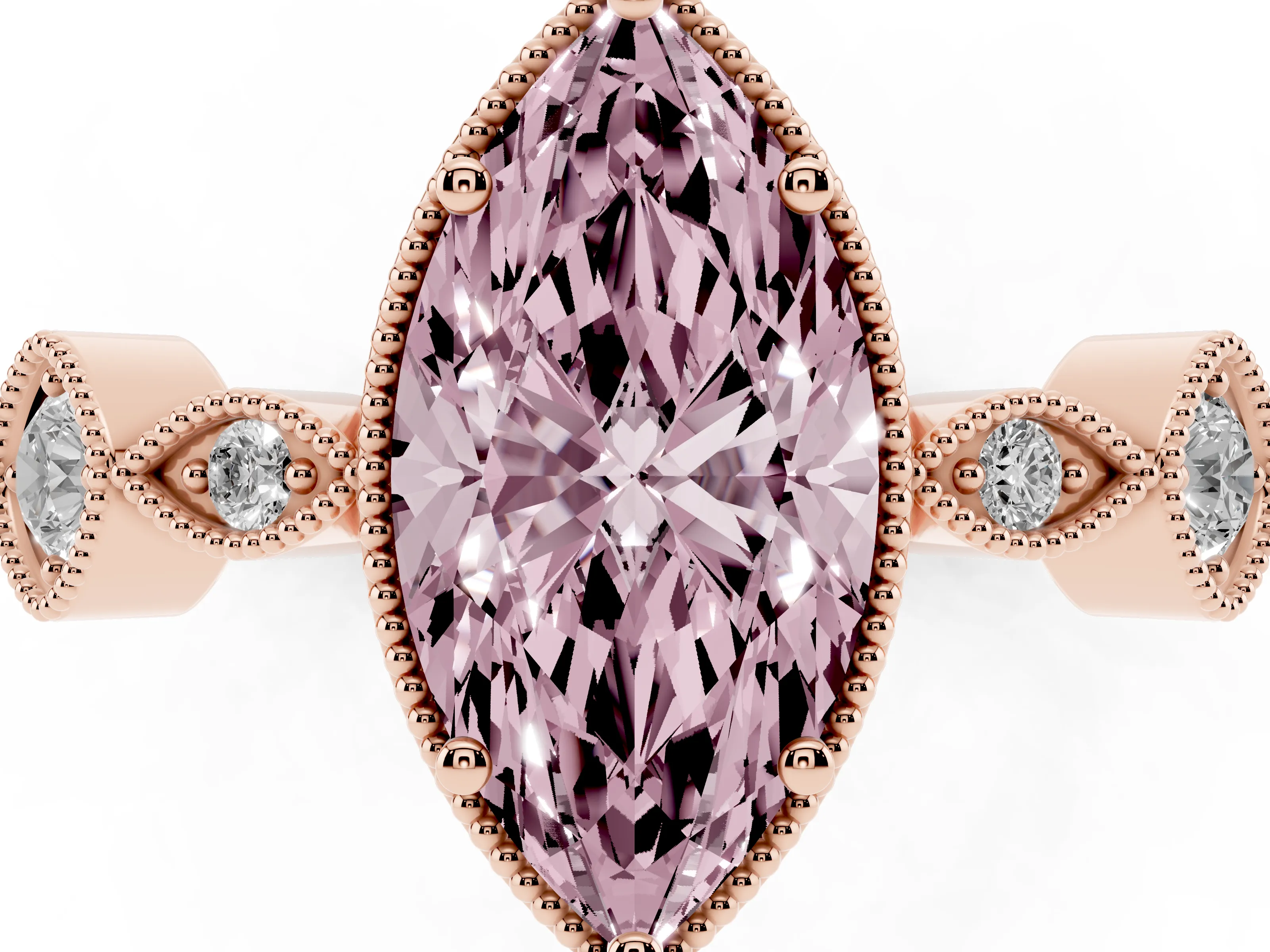 Fancy Pink Marquise Cut Diamond Vintage-Inspired Milgrain Ring Set in Rose gold with Marquise Stations of Round Accents