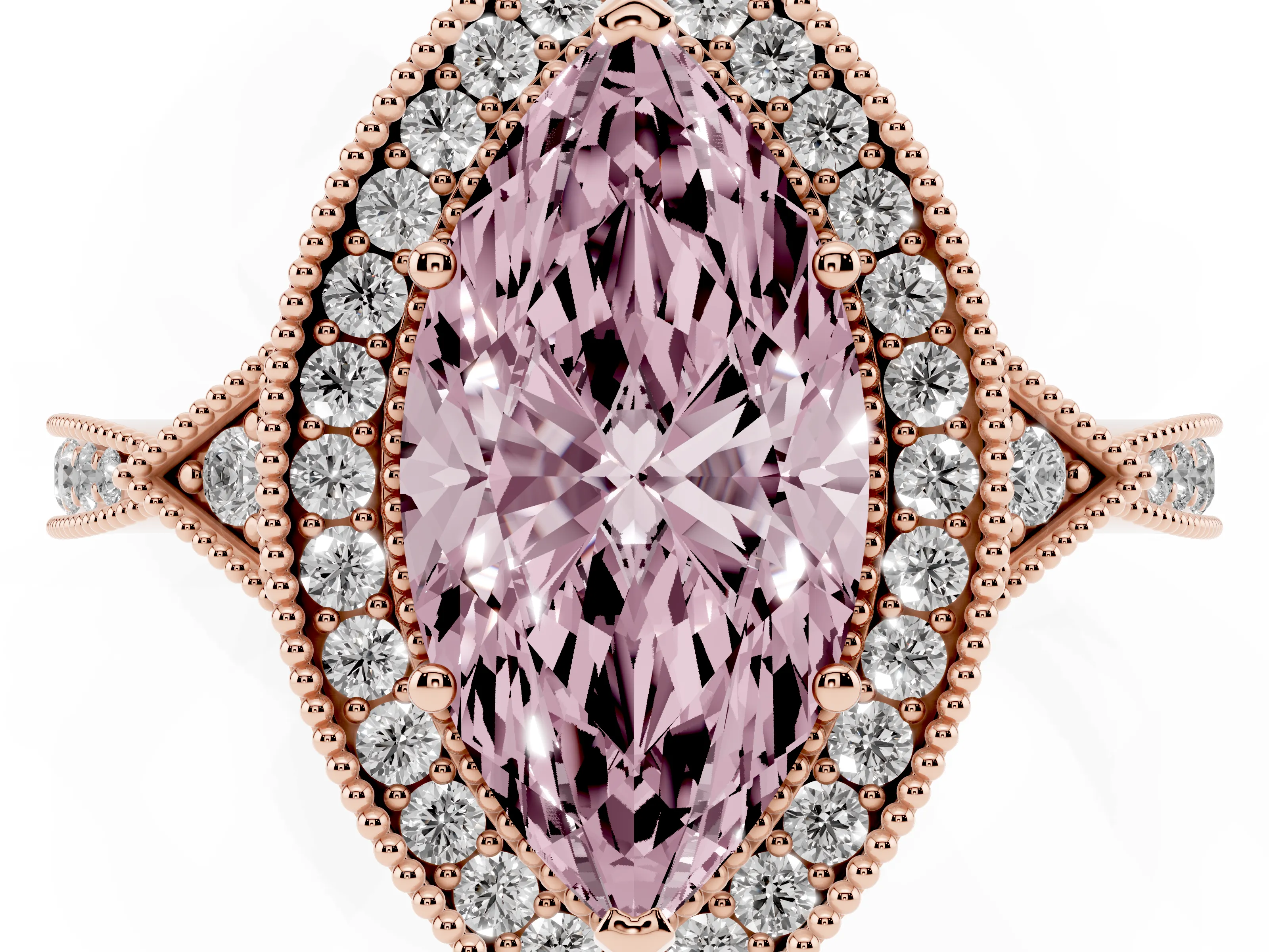 Fancy Pink Marquise Cut Diamond Halo Engagement Ring Set in Rose gold with Milgrain Pavé Band