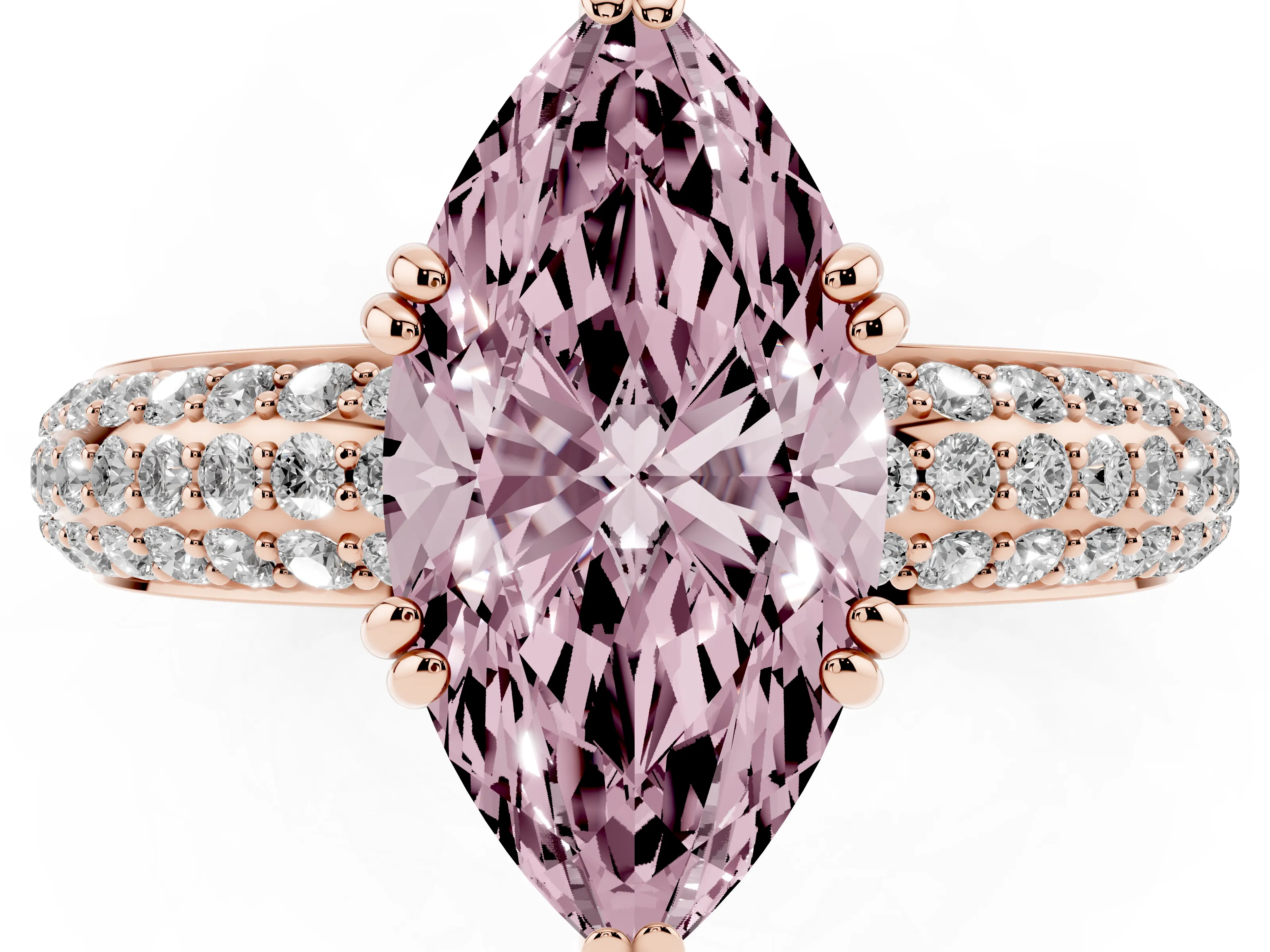 Fancy Pink Marquise Cut Diamond Solitaire Ring Set in Rose gold with Multi-Row Round Pavé Band and Prong Setting