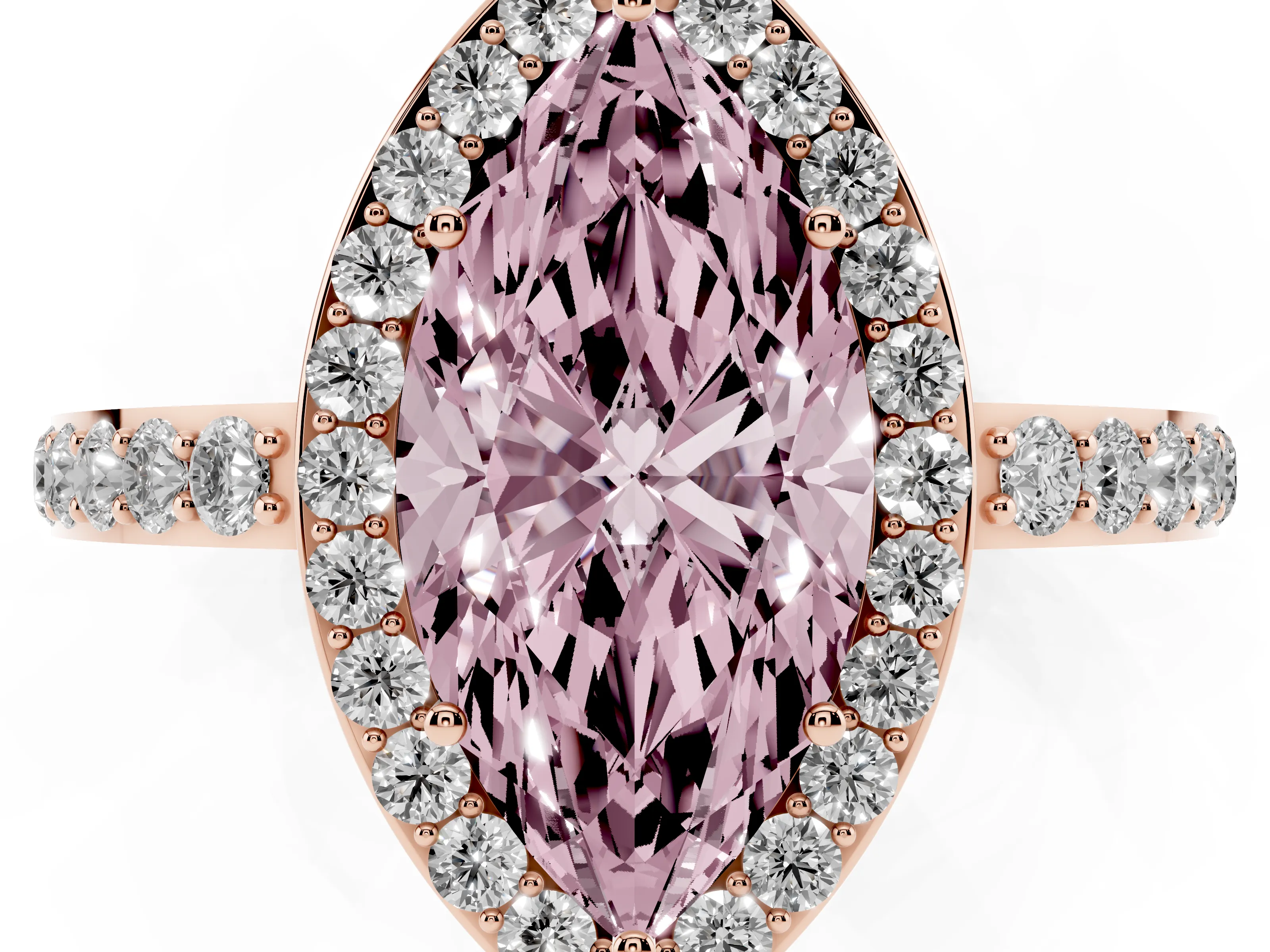 Fancy Pink Marquise Cut Diamond Halo Ring Set in Rose gold with Pavé-Setting Band and Open Prong Center