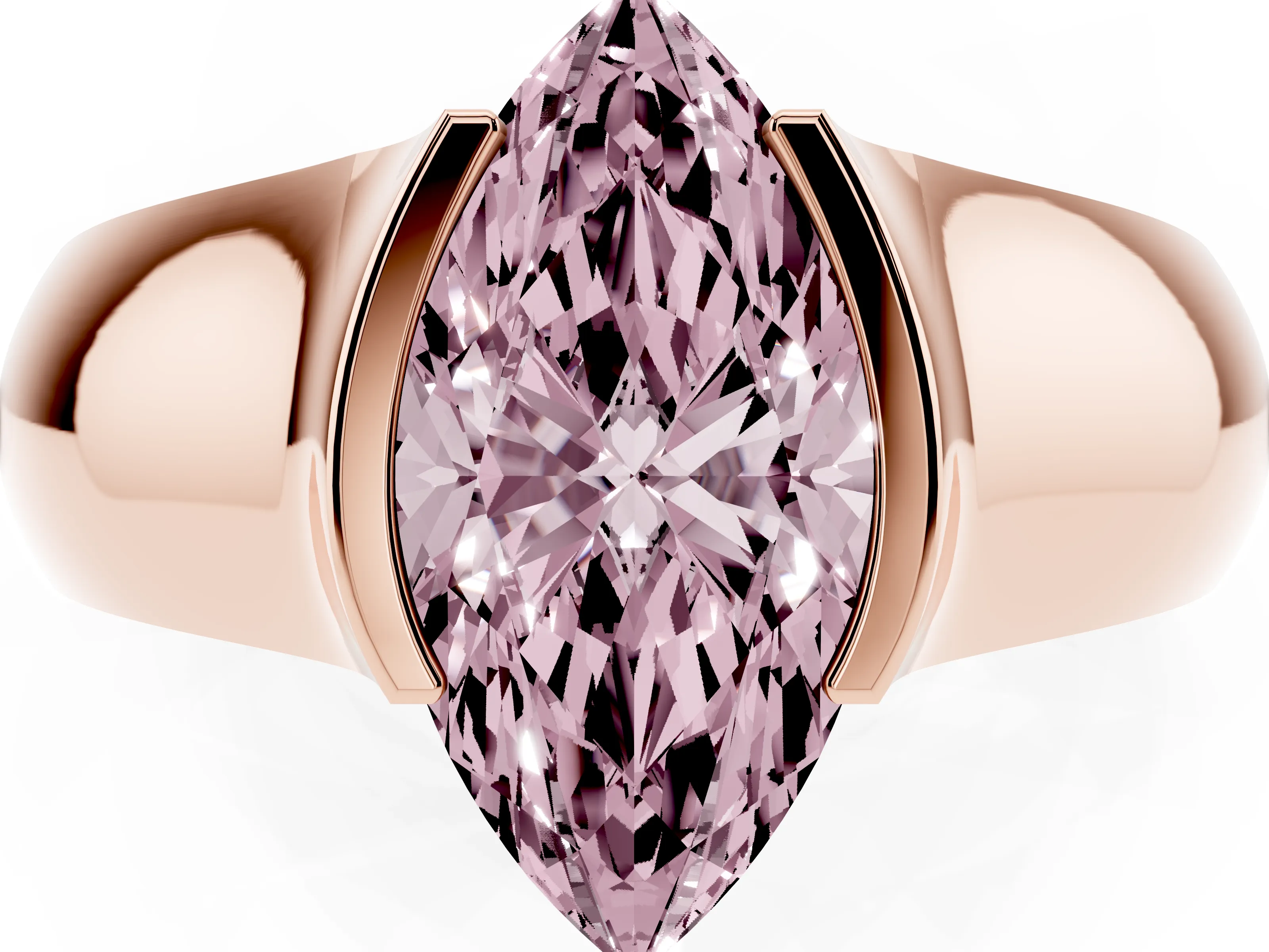 Fancy Pink Marquise Cut Diamond Bezel Solitaire Ring Set in Rose gold with Wide Band