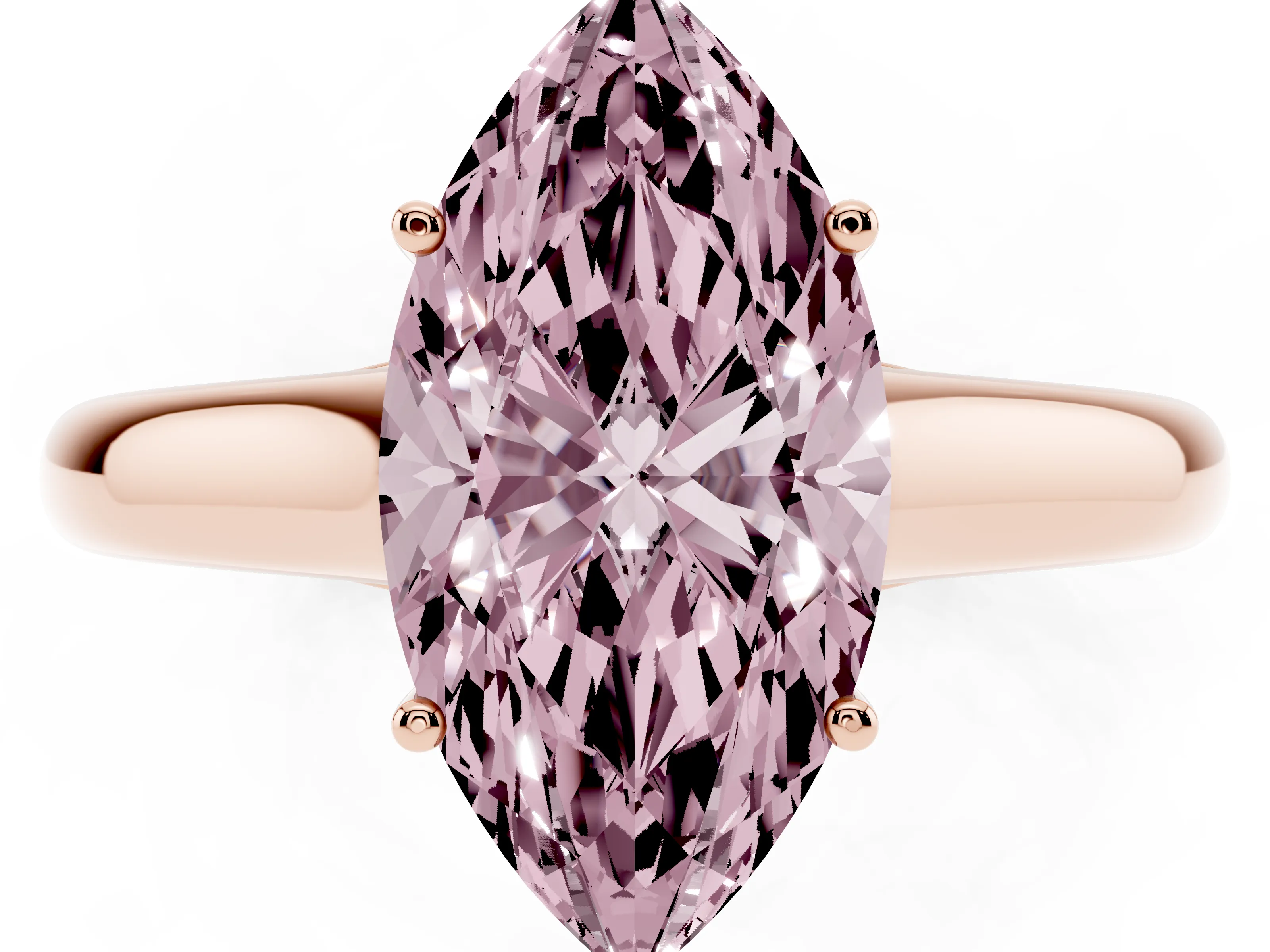 Fancy Pink Marquise Cut Diamond Solitaire Engagement Ring Set in Rose gold with Subtly Tapered Band and Prong Setting