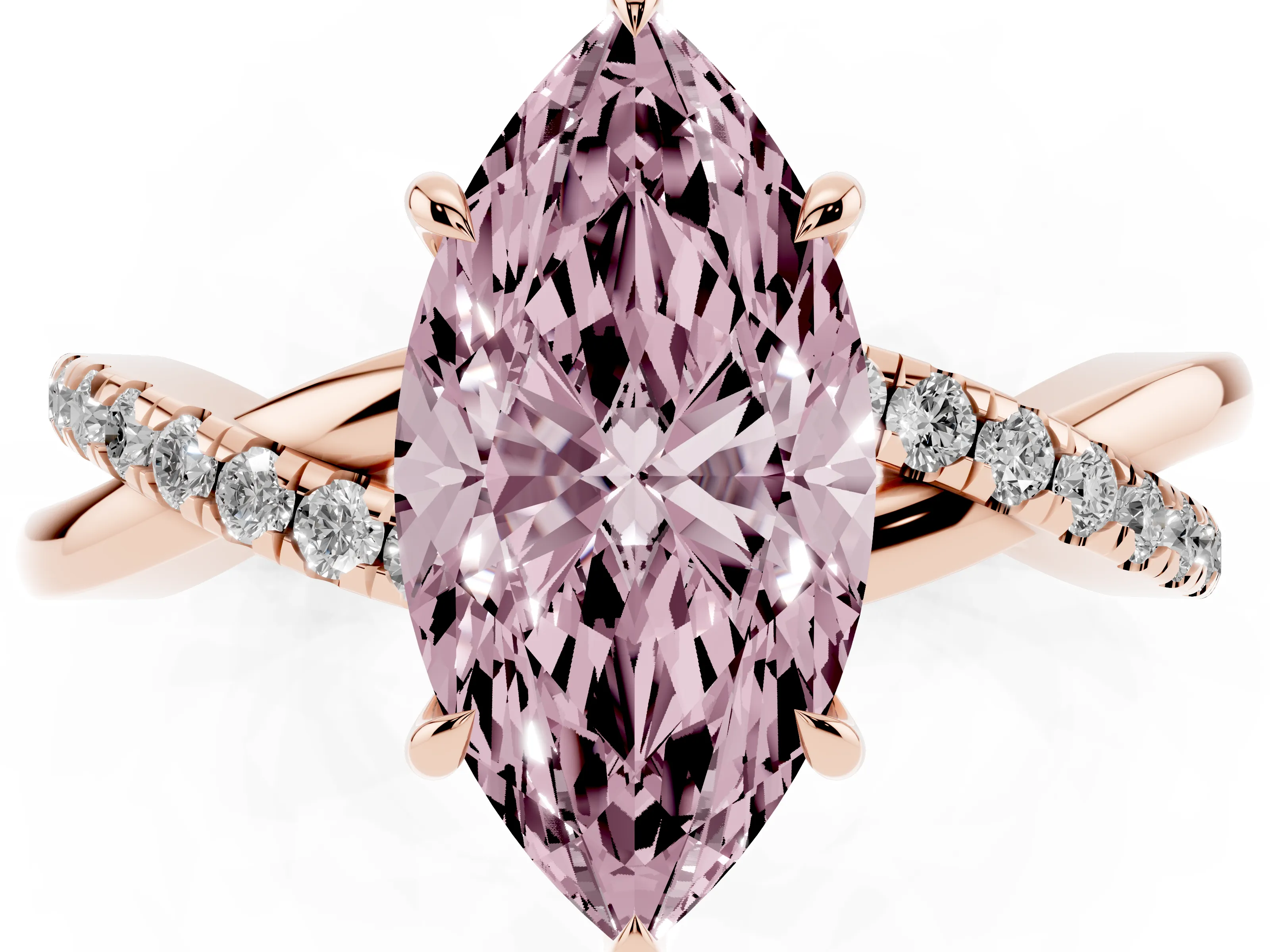 Fancy Pink Marquise Cut Diamond Twisted Pavé Band Ring Set in Rose gold with Prong Setting